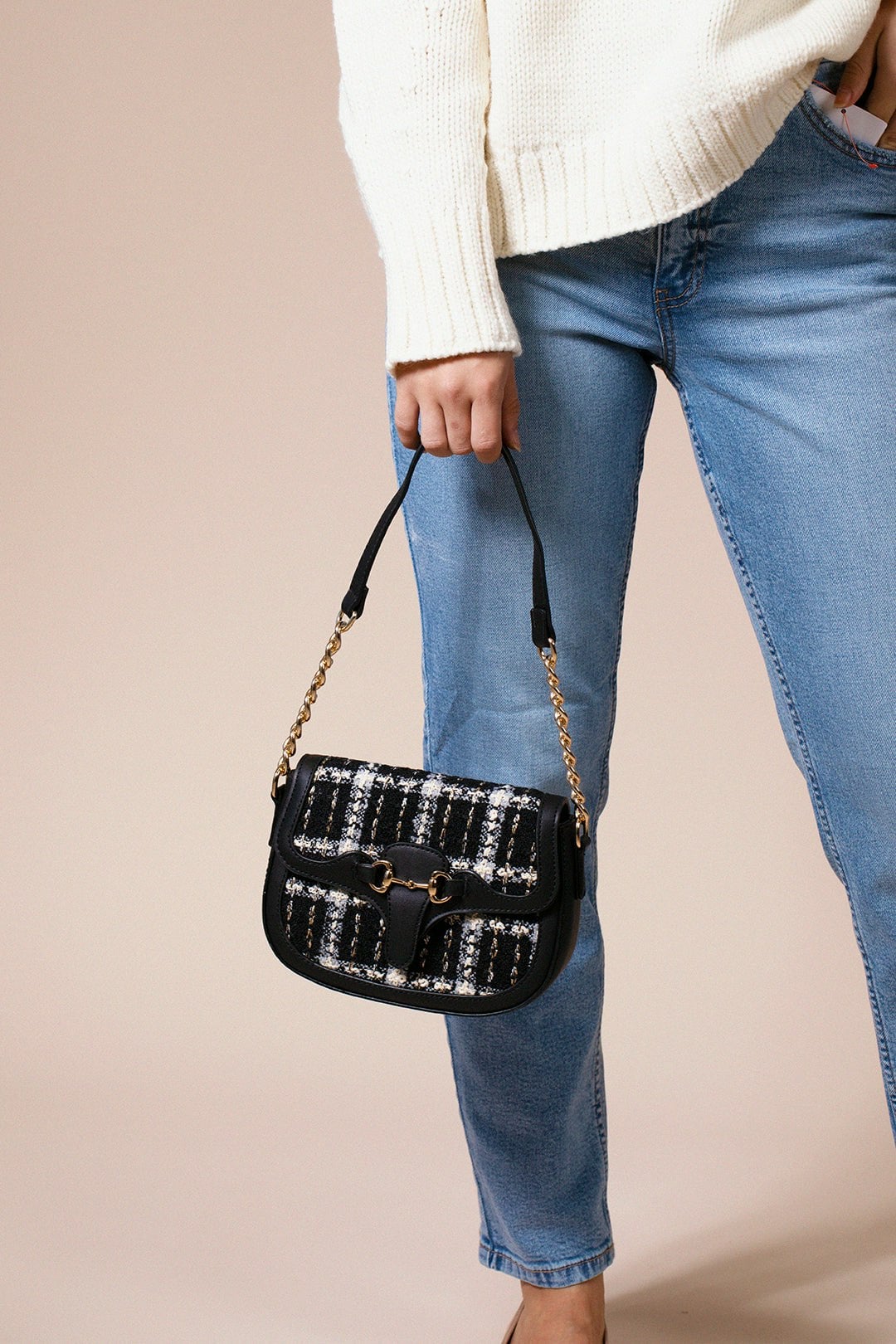 SVNX Womens Knit Check Shoulder Bag - Black - One Size - Image 6