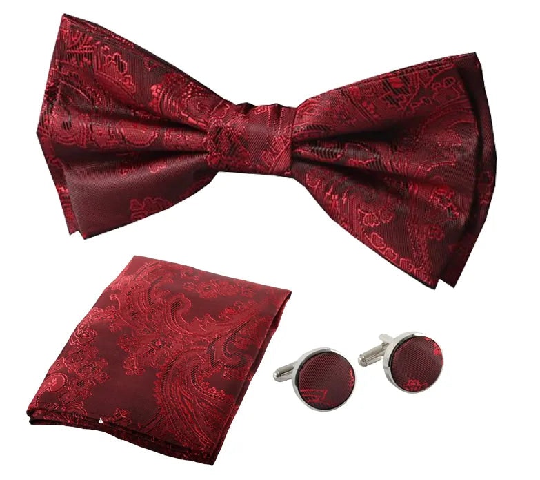 Paul Andrew Men's Bow Tie Pocket Square Cuff Links Gift Set - Wine-503