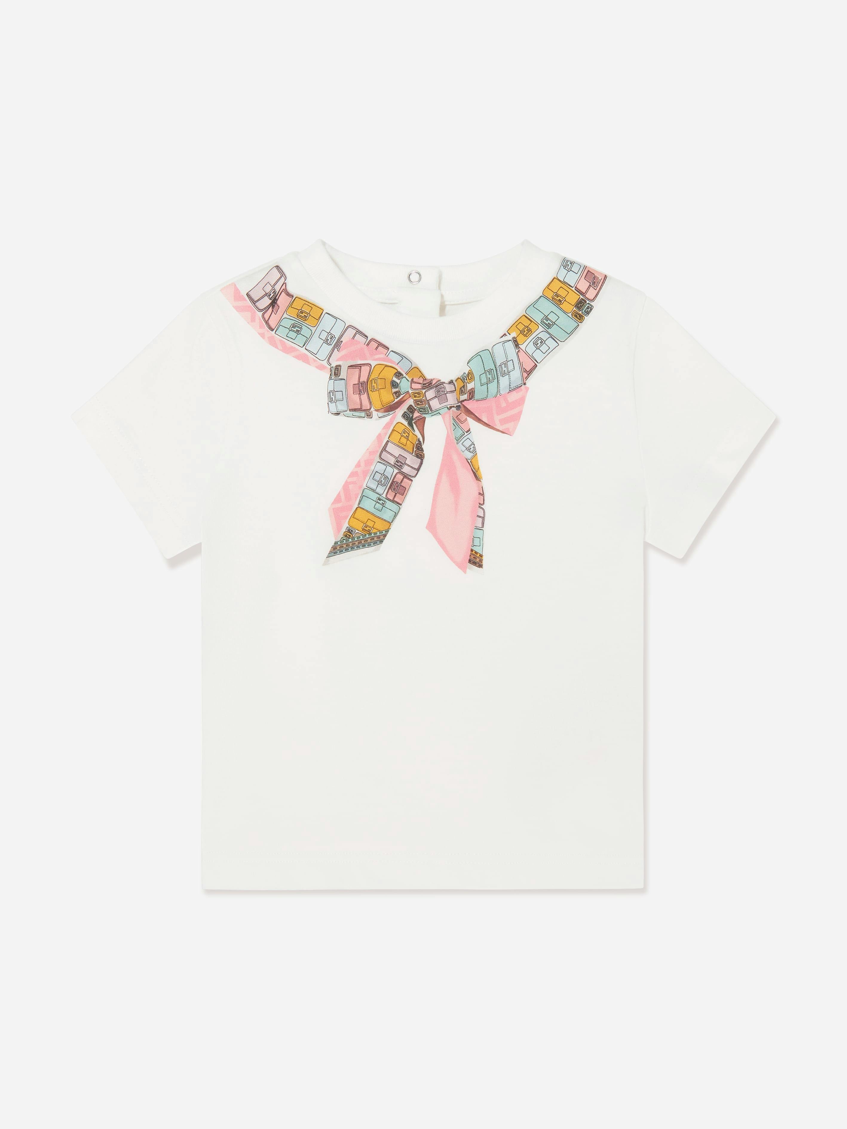 Fendi Kids Girls White Fendi Baby Trompe L'oeil Bow Print T-Shirt In - 18 Months