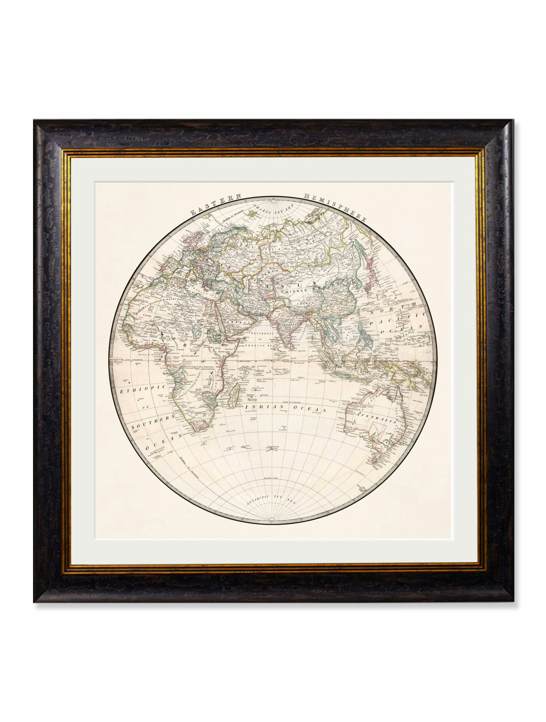 Rackhams Black C.1838 World Map Hemispheres - 96 X 96Cm - Eastern Hemisphere