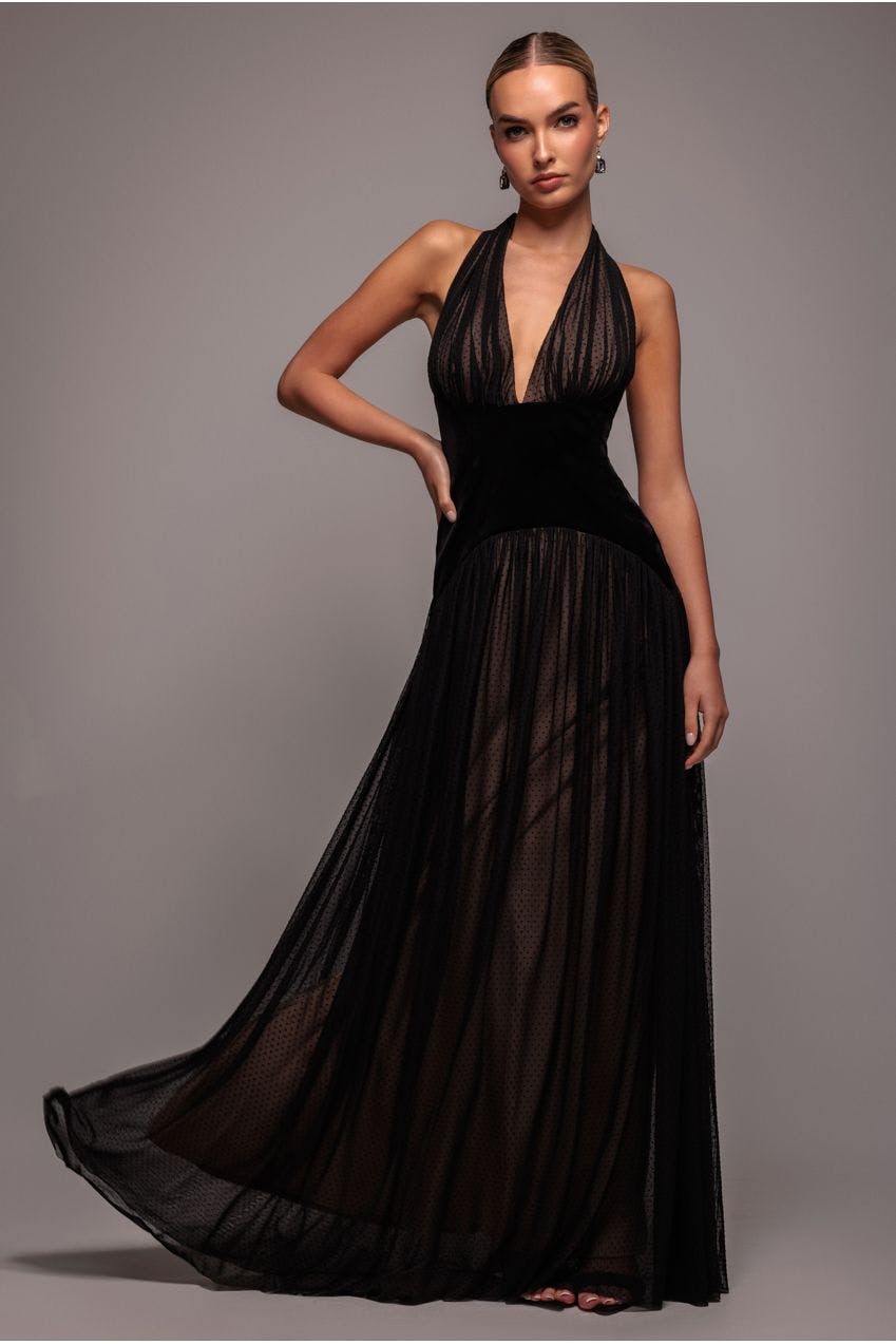 Goddiva Black Velvet And Dobby Mesh A Line Halter Maxi Dress - By - 16
