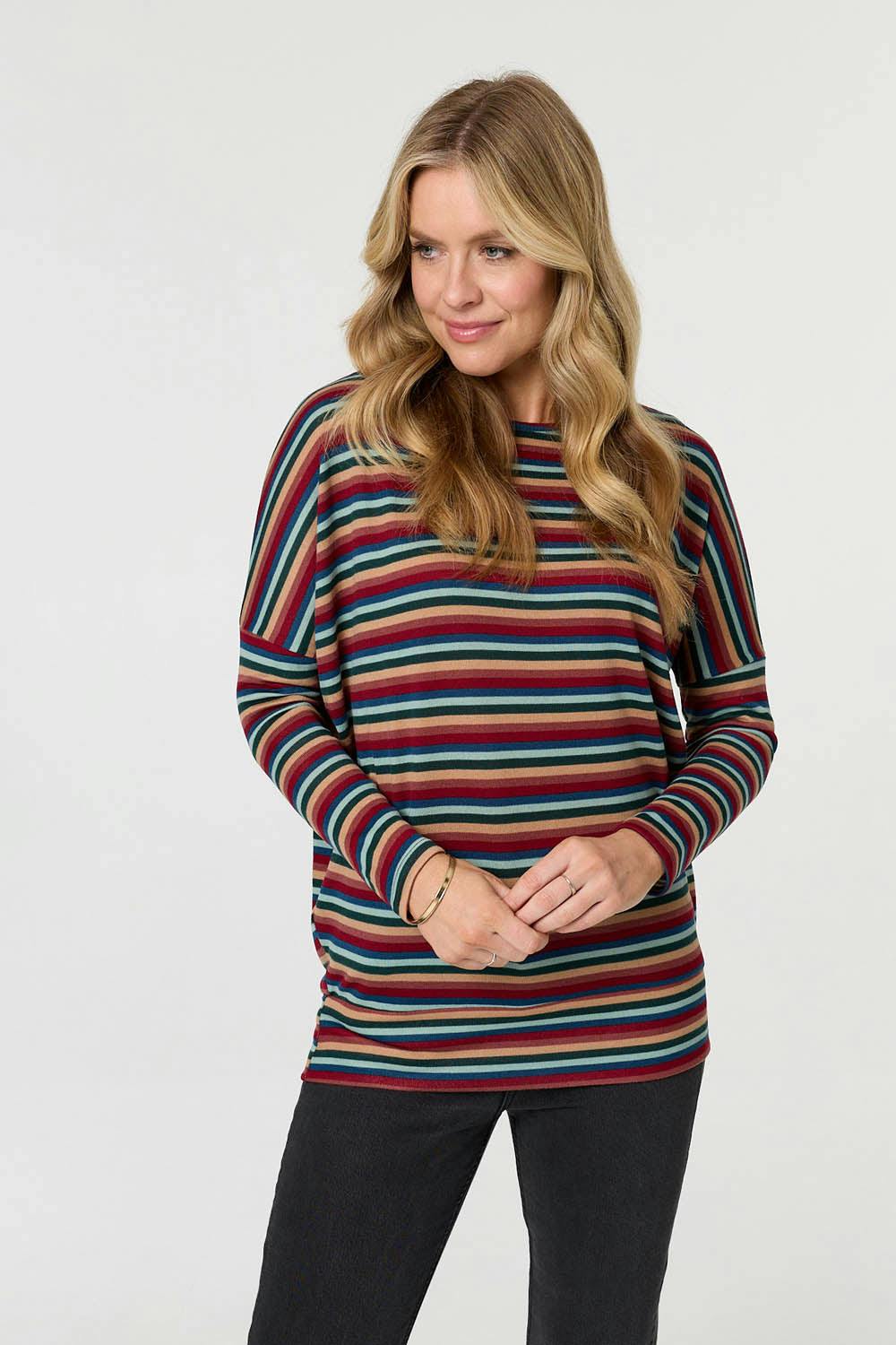Izabel London Red Striped Print Relaxed Batwing Top - 8