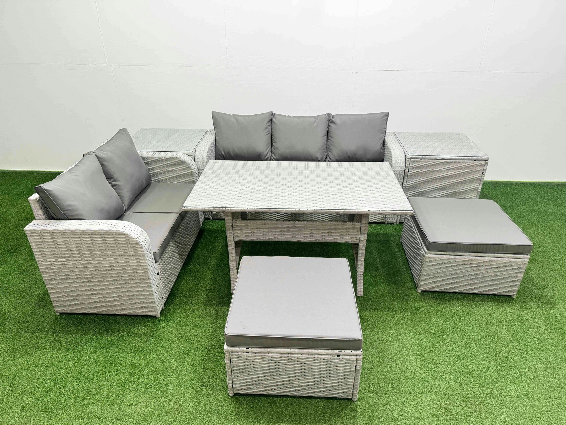 Fimous 7 Seater Rattan Conservatory Sofa Set - Rectangular Dining Table, 3-Seater Sofa, Loveseat & 2 Big Footstools