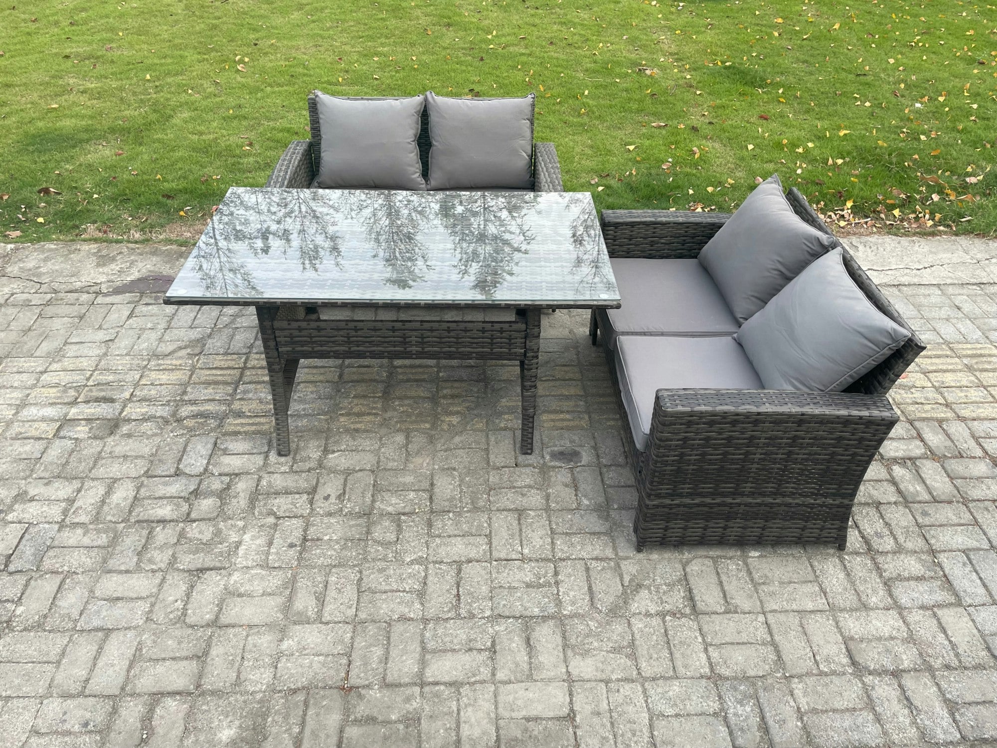 Rackhams Dark/Grey Pe Wicker Rattan Garden Furniture Set Love Sofa Outdoor Rectangular Dining Table