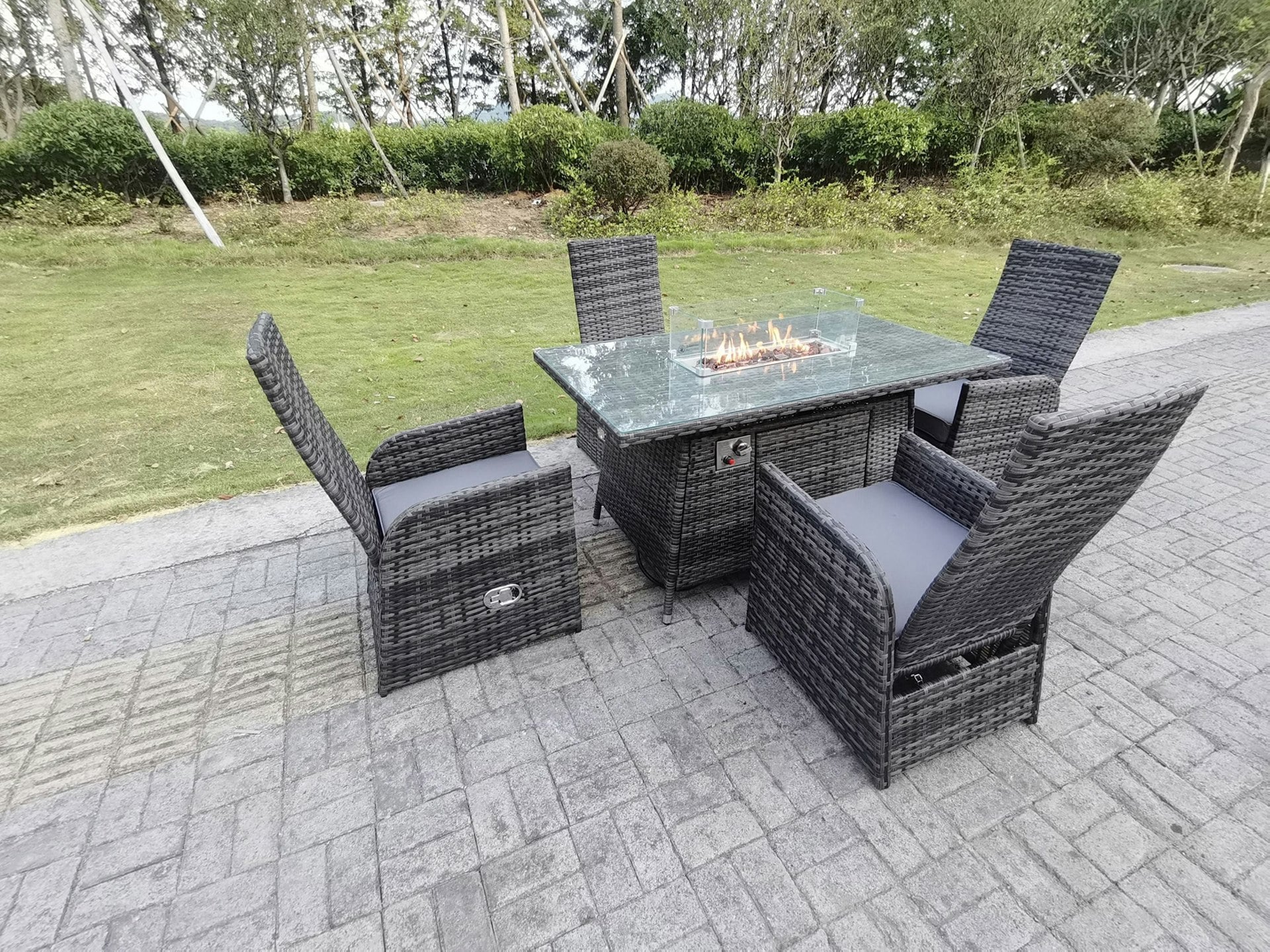 Rackhams Dark/Grey Rattan Garden Furniture Gas Fire Pit Rectangle Oblong Dining Table And Chairs 4 Seater Plus Rectangular Table