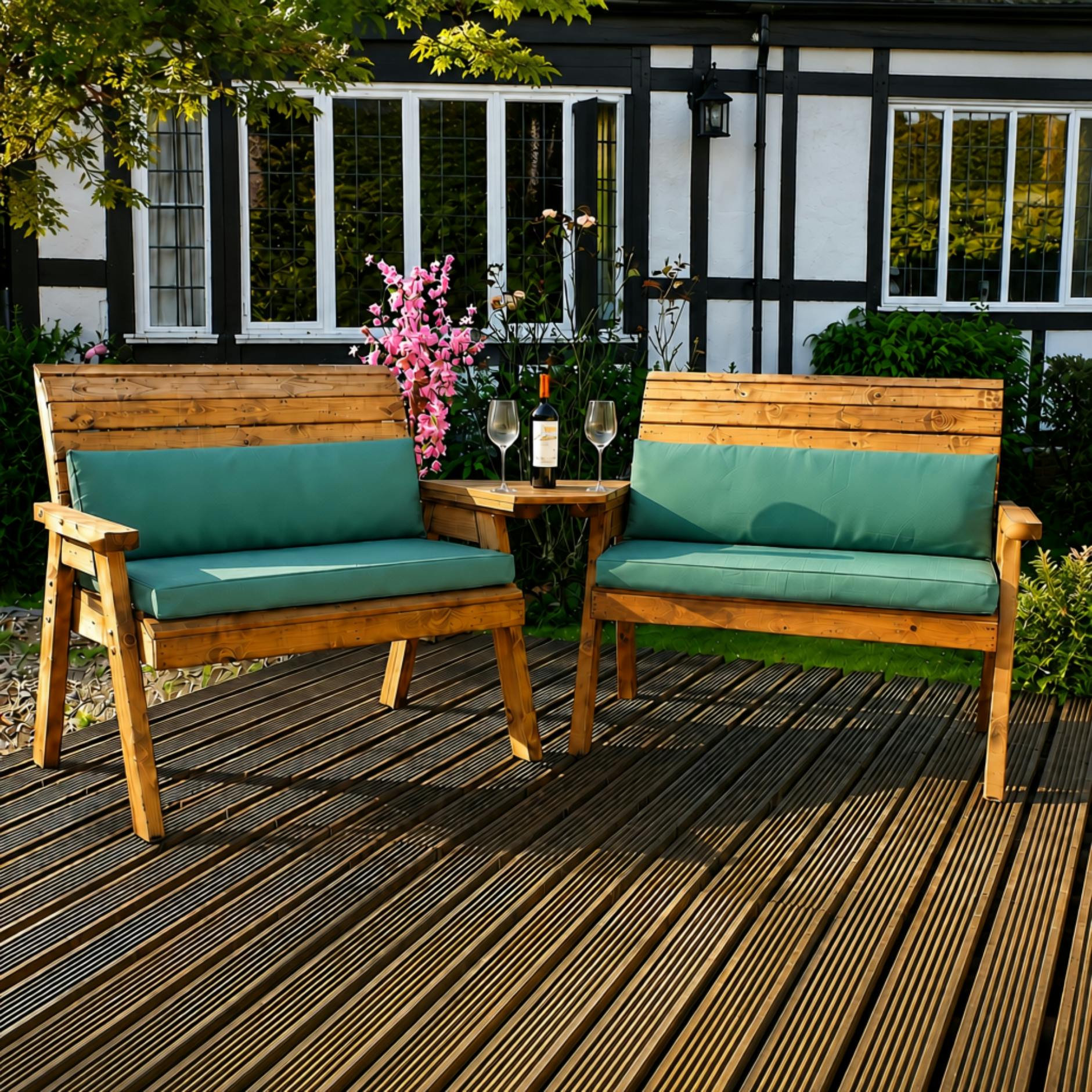 Rackhams Green Hand Made 4 Seater Chunky Rustic Wooden Furniture With 2 Benches, Straight Tray & Cushions