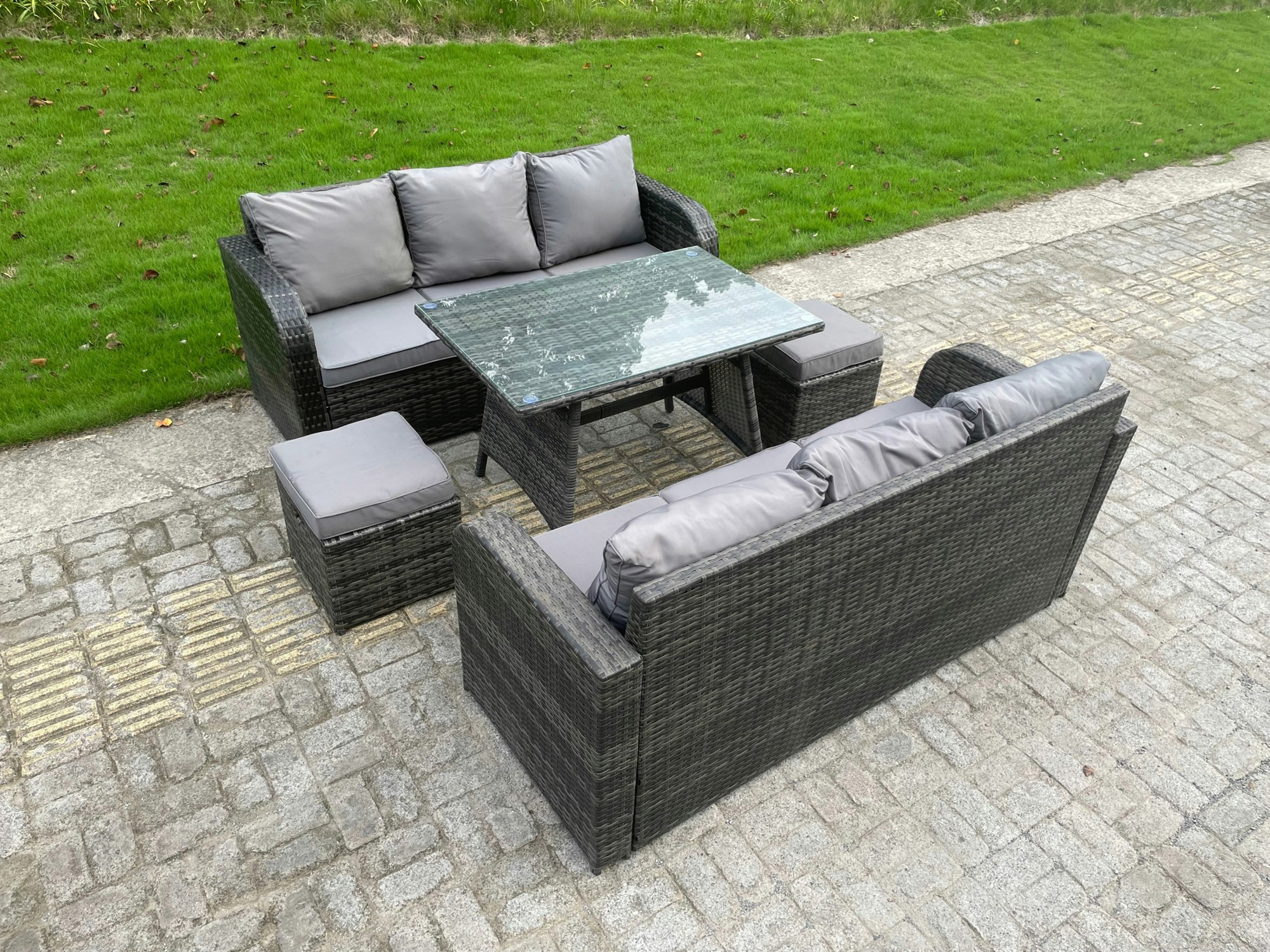 Rackhams Dark/Grey Outdoor Rattan Garden Furniture Sofa Set Dining Table Curved Arm Lounge Sofa Small Footstools 8 Seater