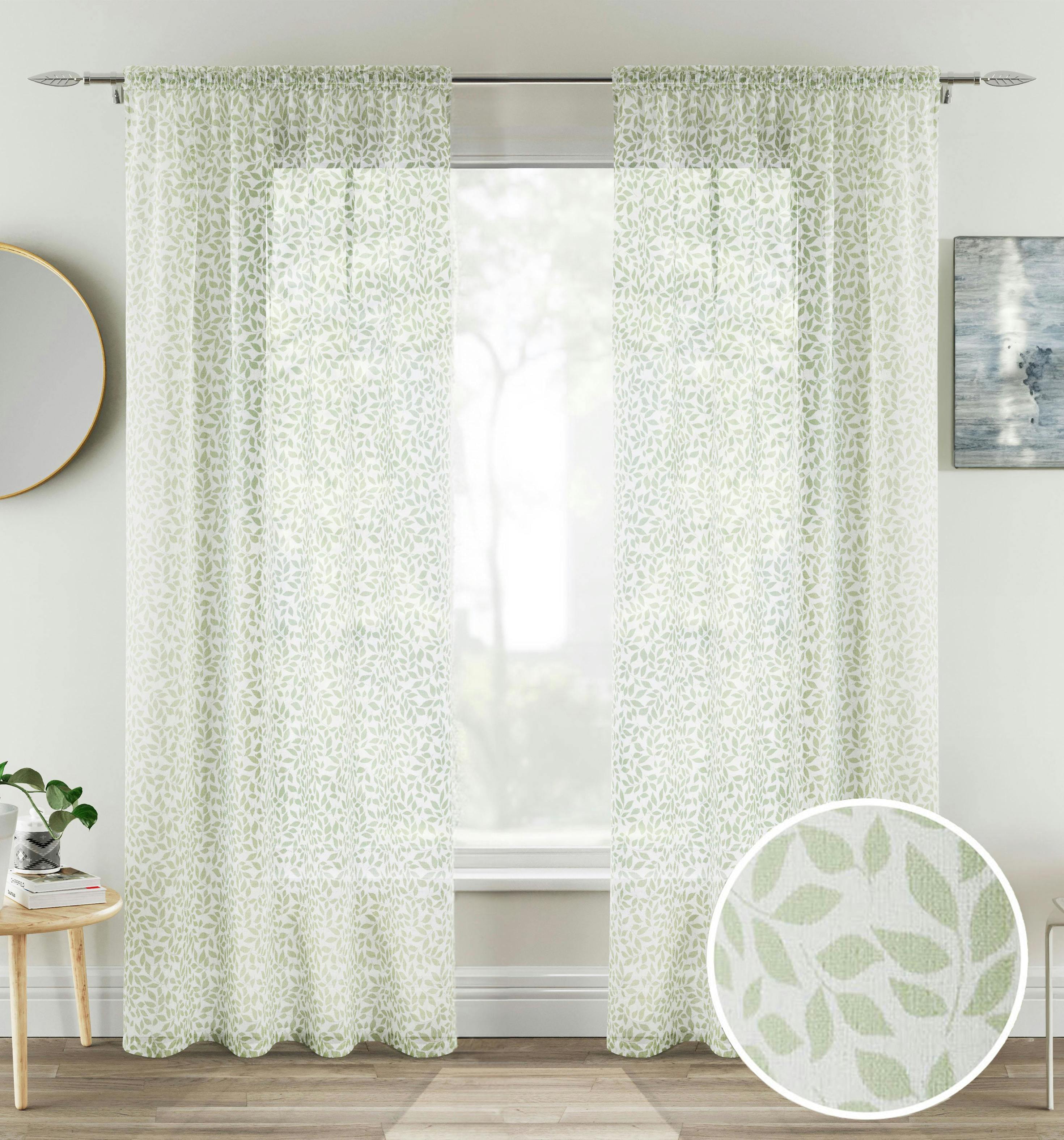 Rackhams Green Willow Leaf Print Linen-Look Voile Panel - Pair - 55" (140Cm) Width X 72" (183Cm) Drop
