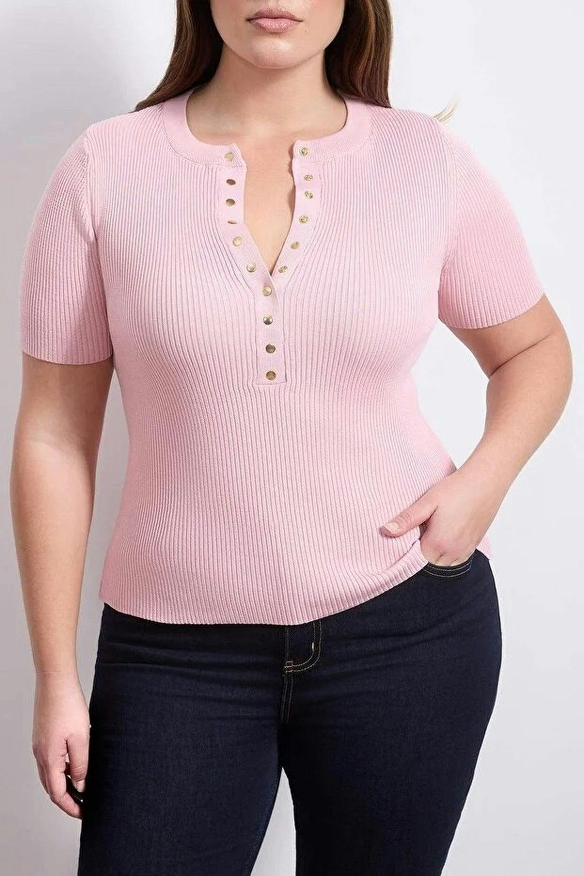 Wovcor Pink Snap Button Detail Ribbed Summer Knit Blouse - Xl