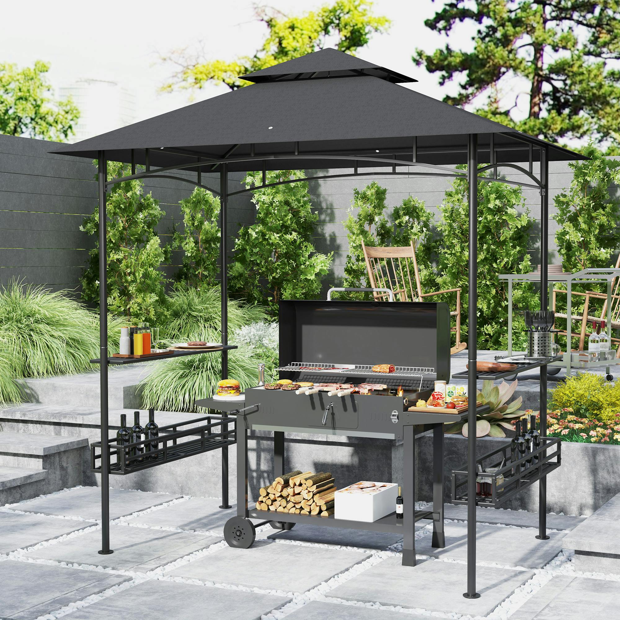 Rackhams Beige 8' X 5' Grill Gazebo Canopy With 2 Side Shelves, Hook,