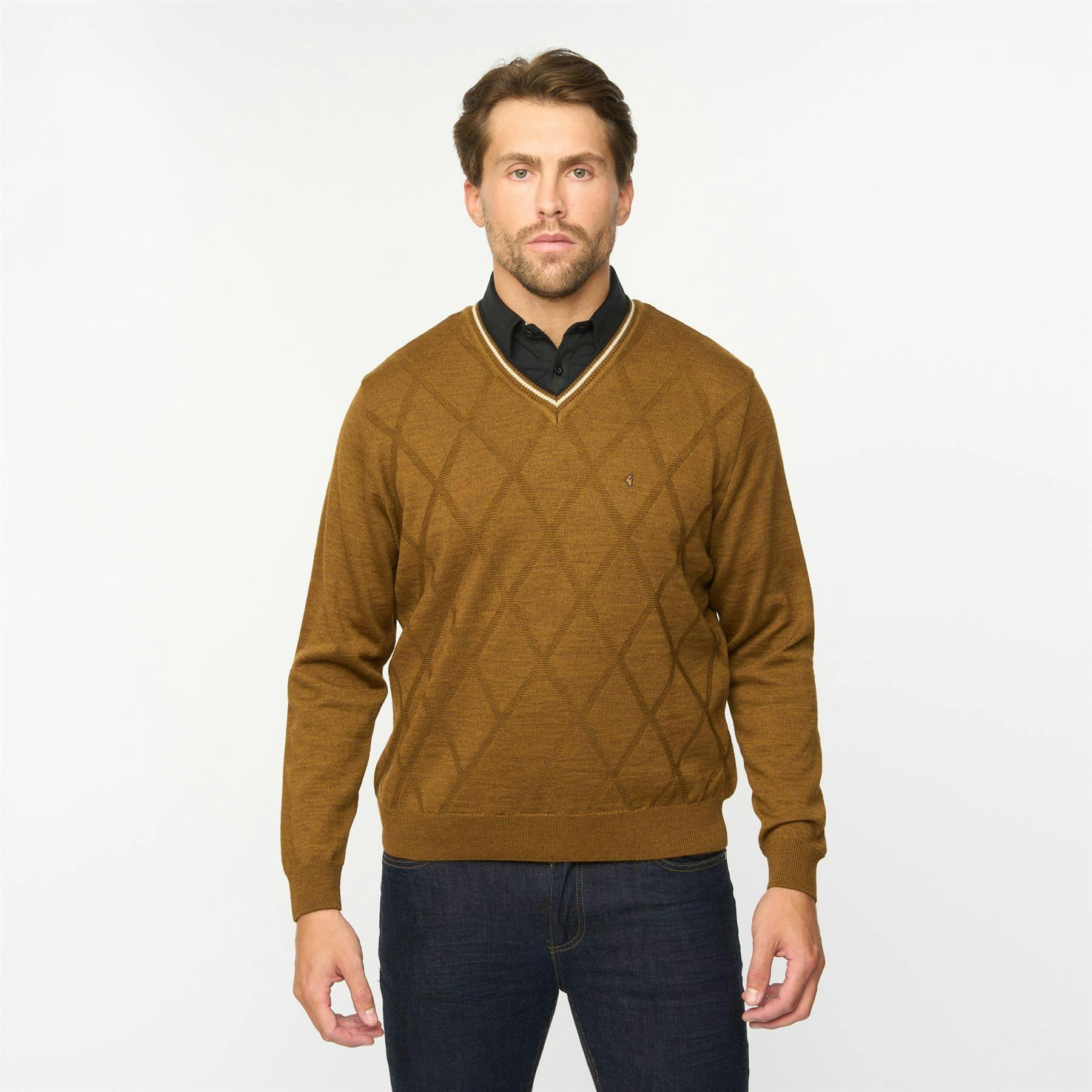 Gabicci Men's G55m04 Fancy Vee Neck Sweater Classic Nutmeg - L