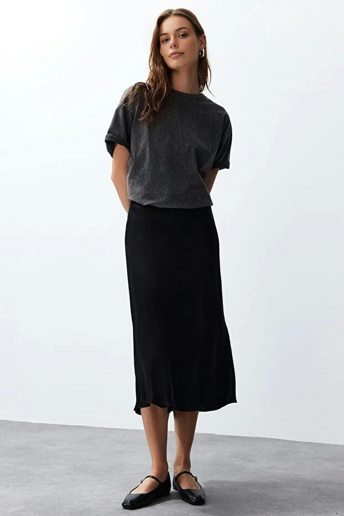 Wovcor Black A-Line Satin Midi Woven Skirt - 8