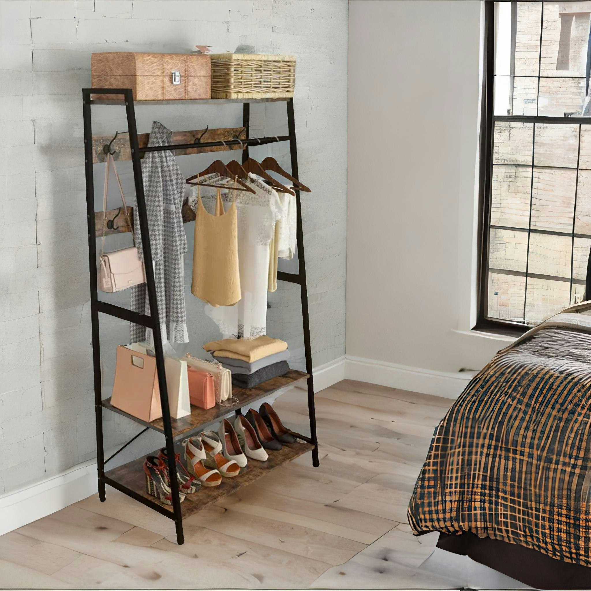 Rafaelo Mobilia Brown Heavy Duty Metal Clothes Rail Open Wardrobe With Shelves Rustic