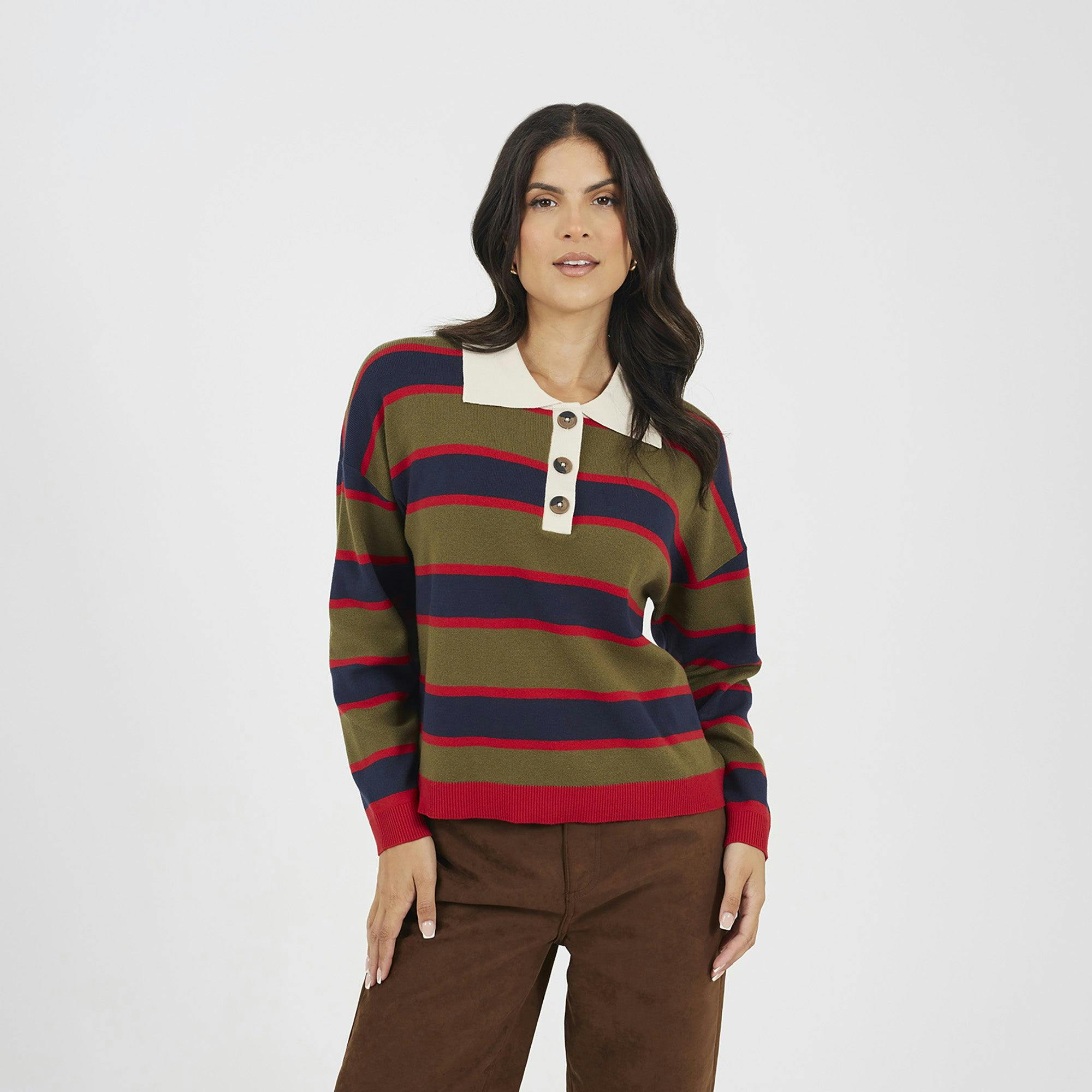 Brave Soul Rubgy Stripe Knitted Jumper - Navy - Navy - S