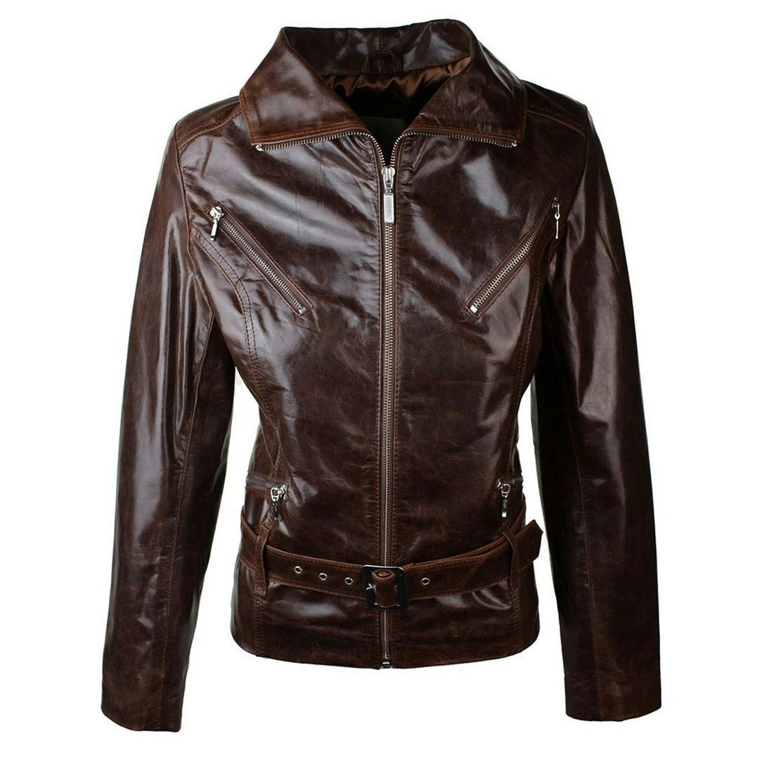 Aviatrix Women's Brown Leather Biker Rock Belted Jacket - Uk 18