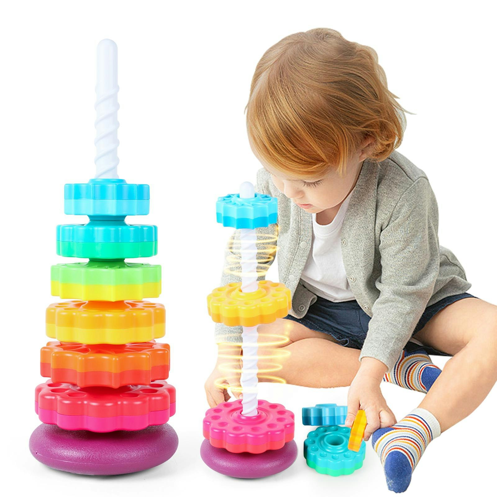Deao Toys Rainbow Stacking Tower Toy For Toddlers, Colorful Educational Spiral Gears With Rotating Base, Soft And Safe Material