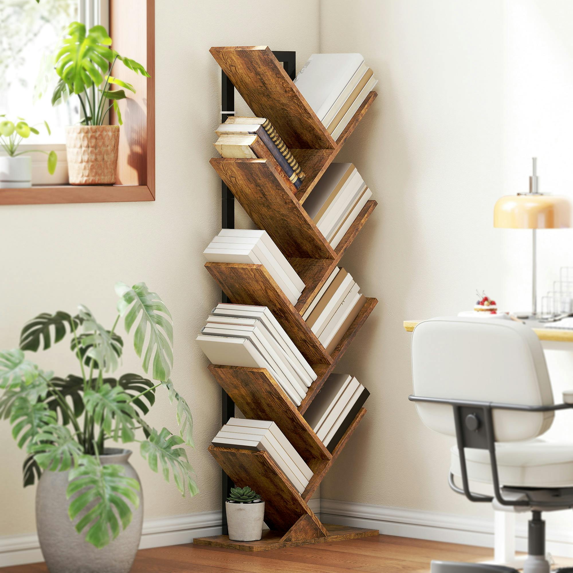 Homcom Brown/Black 5-Tier Tree Bookshelf With Steel Frame For Living Room, Rustic - 50W X 24D X 136H Cm - Rustic