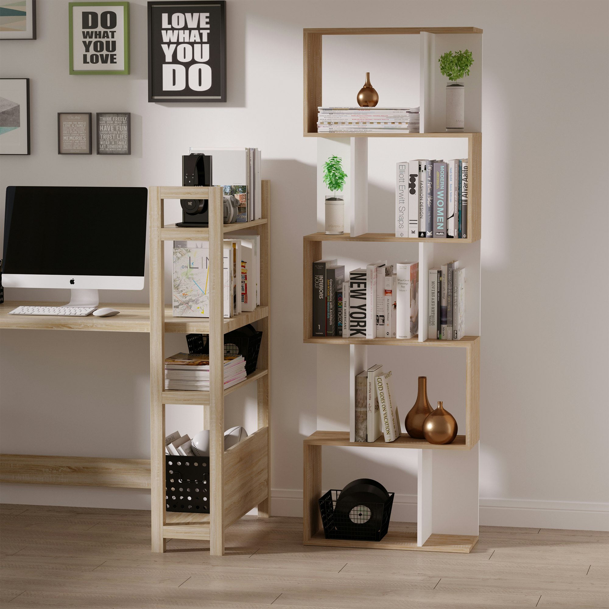 Homcom 5-Tier Display Shelving Storage Bookcase S Shape Design Unit Natural - Natural Wood Finish