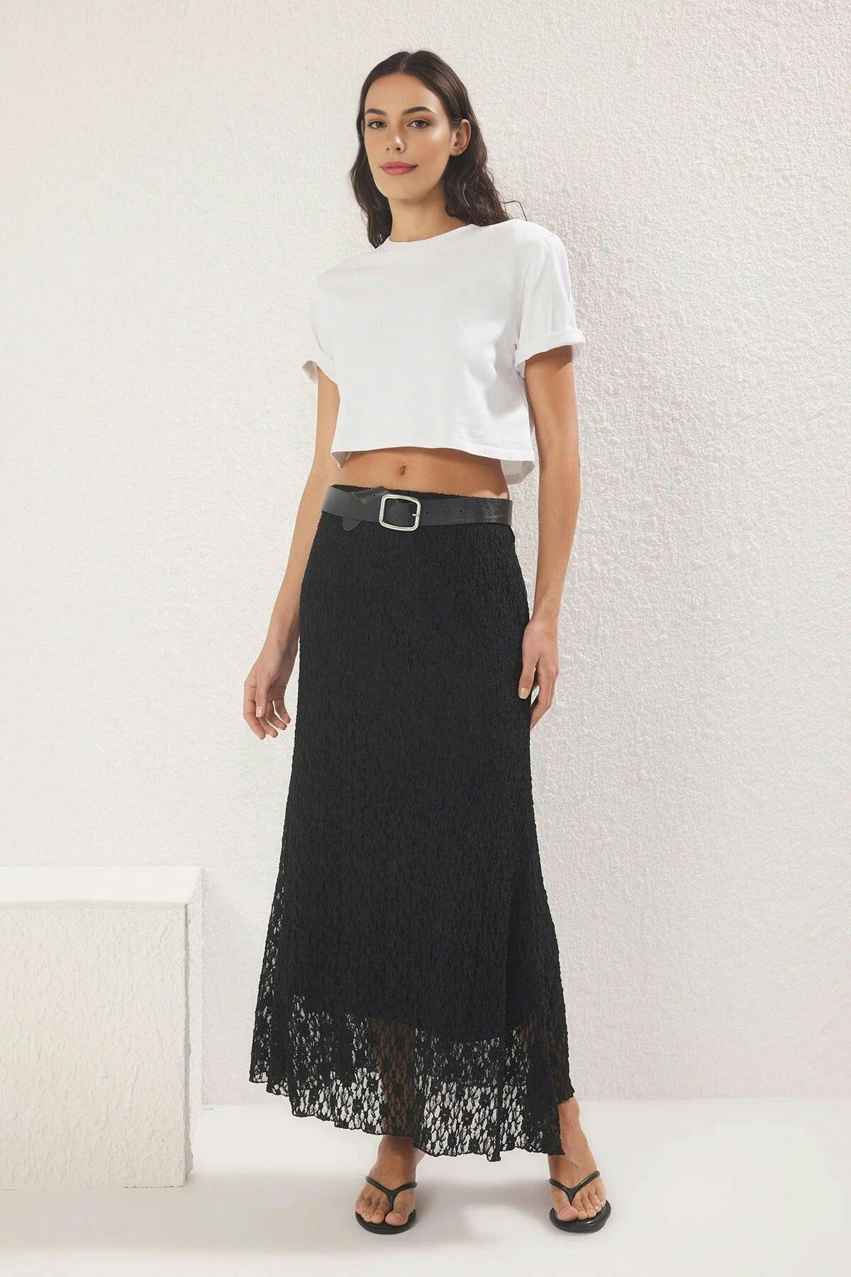 Wovcor Black Skater Lace Midi Stretch Knit Skirt - S