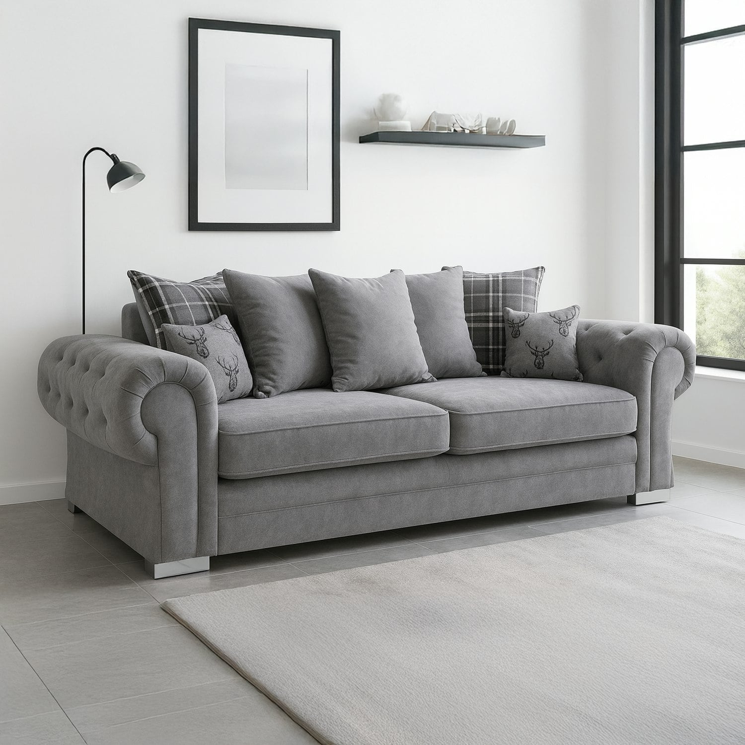 Furnishings For Less Grey Milan Chesterfield Fabric 3 Seater Sofa - Scatter Back