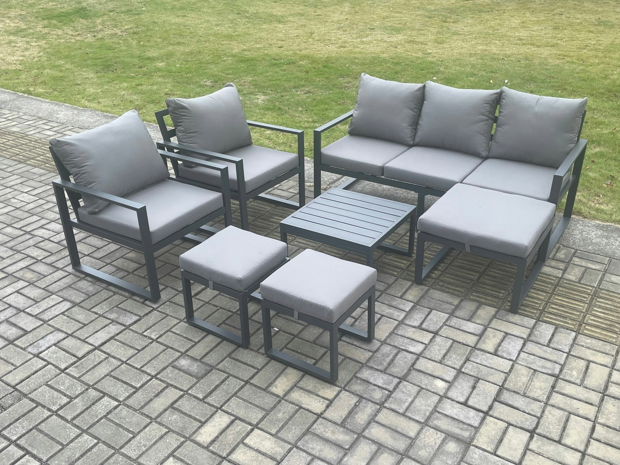 Fimous Dark/Grey Aluminium Outdoor Lounge Sofa Set Garden Furniture Sets With Square Coffee Table 2 Chairs 3 Footstools 8 Seater