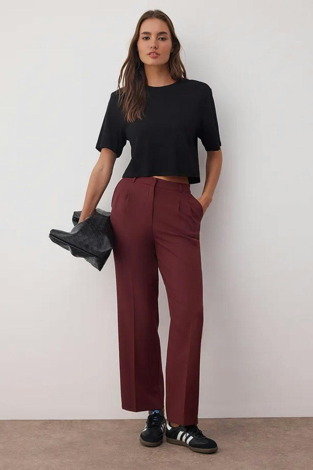 Hoxton Gal Burgundy Straight-Cut Pleated Woven Trousers - 14
