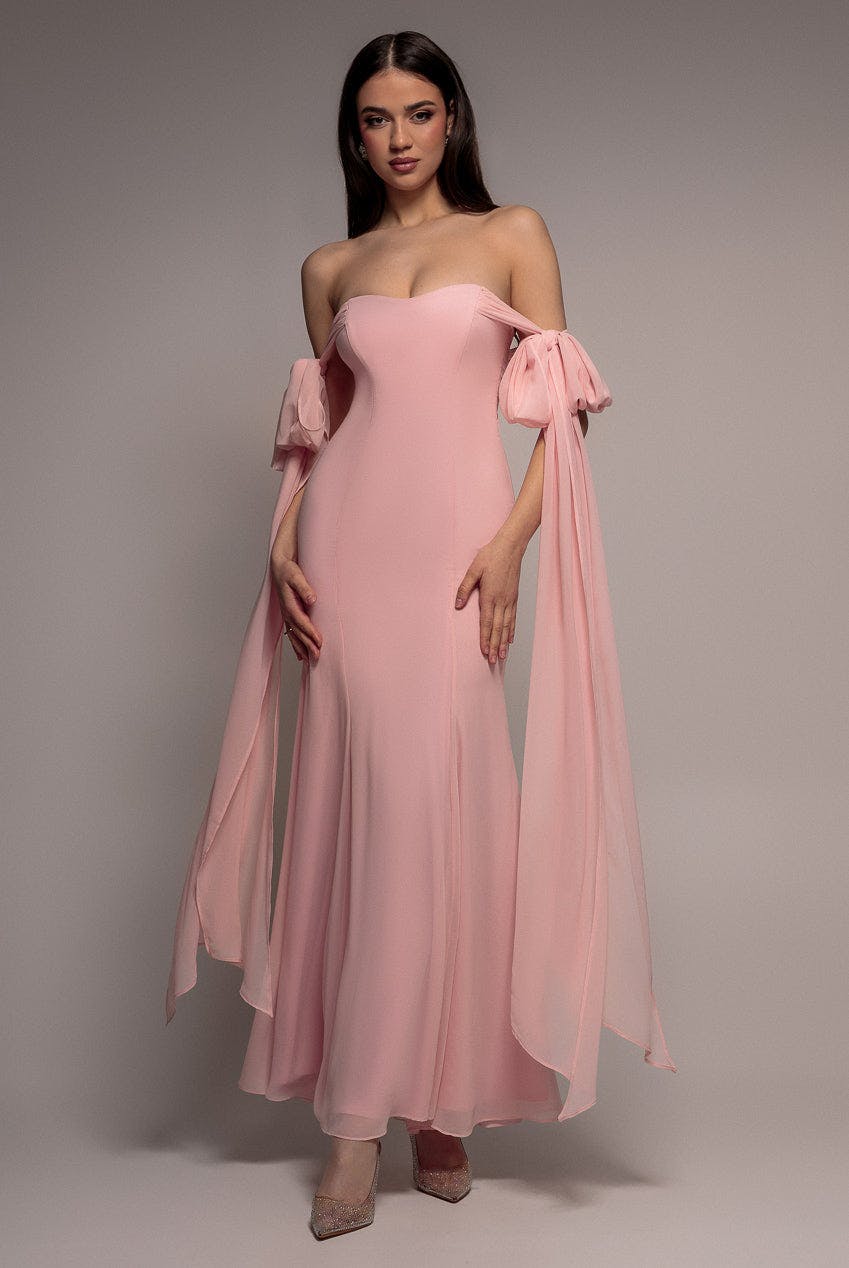 Goddiva Pink Multiway Cape Chiffon Sweetheart Maxi Dress - Blush By - Blush - 12