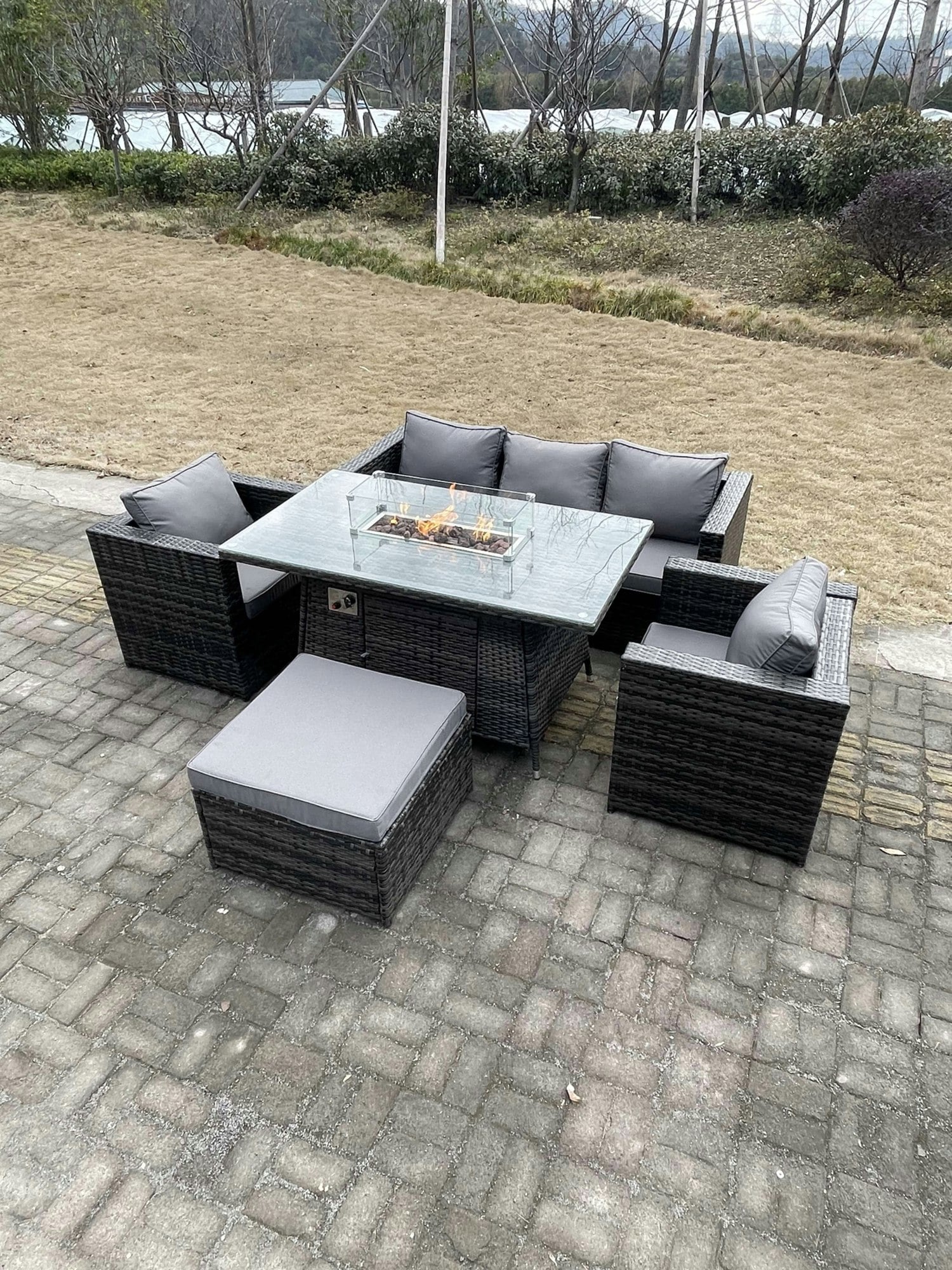 Rackhams Dark/Grey Outdoor Pe Rattan Garden Furniture Gas Fire Pit Dining Table Armchairs With Big Footstool Mixed