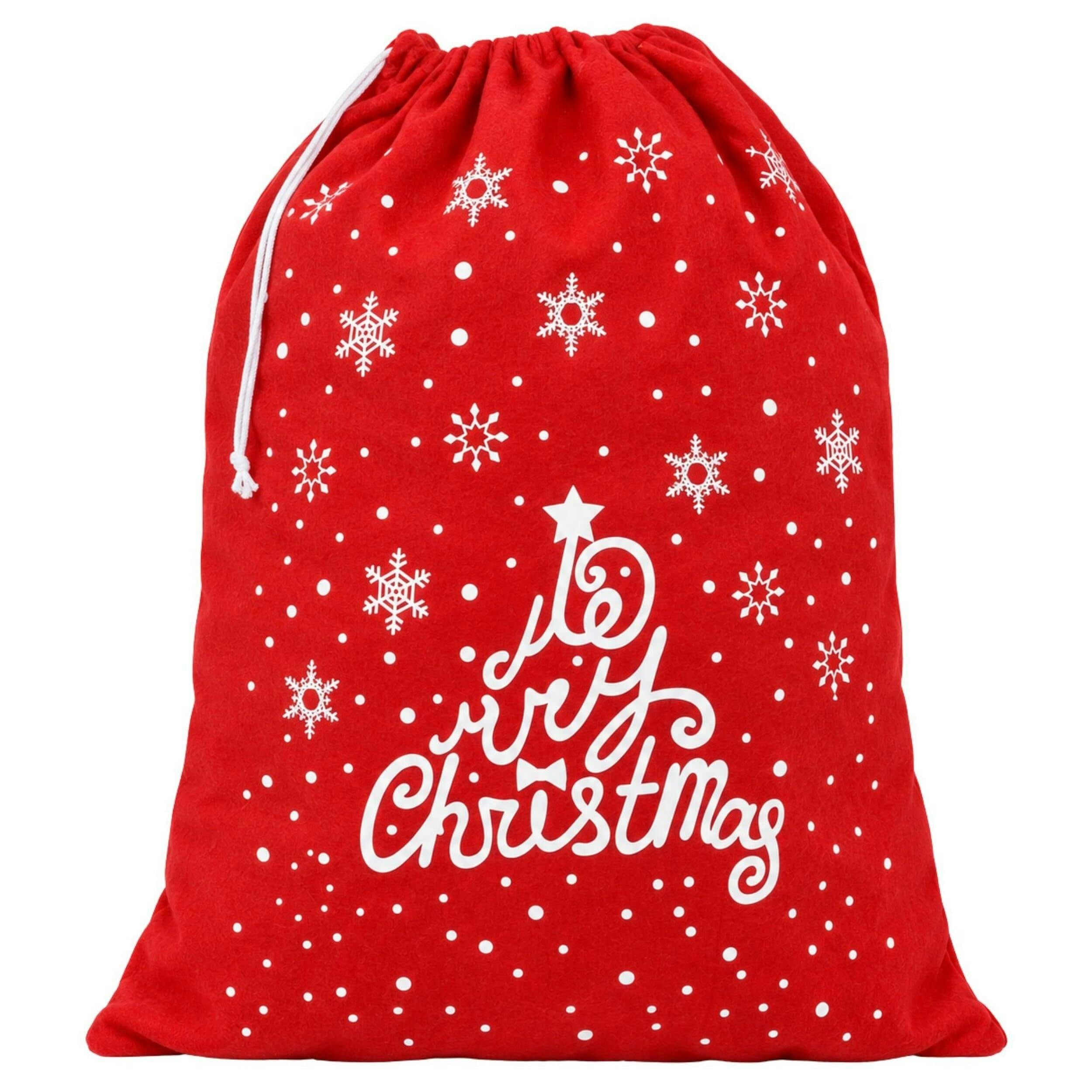 Shatchi Festive Felt Santa Sack Variant Set With Merry Christmas Print And Drawstring Top - 1 Pack - Hanging Decoration Set