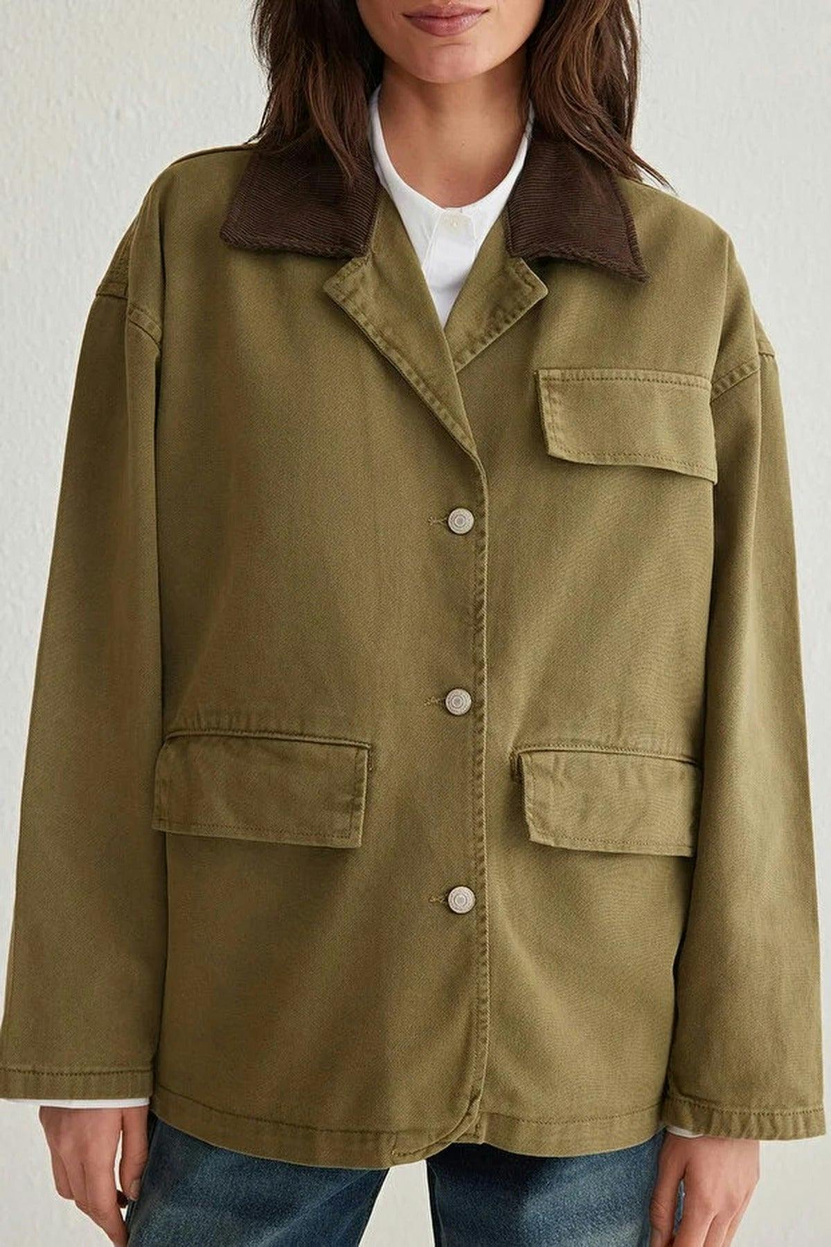 Wovcor Ribbed Collar Oversize Denim Shirt Jacket With Pocket Flap Detail - Khaki - Xs