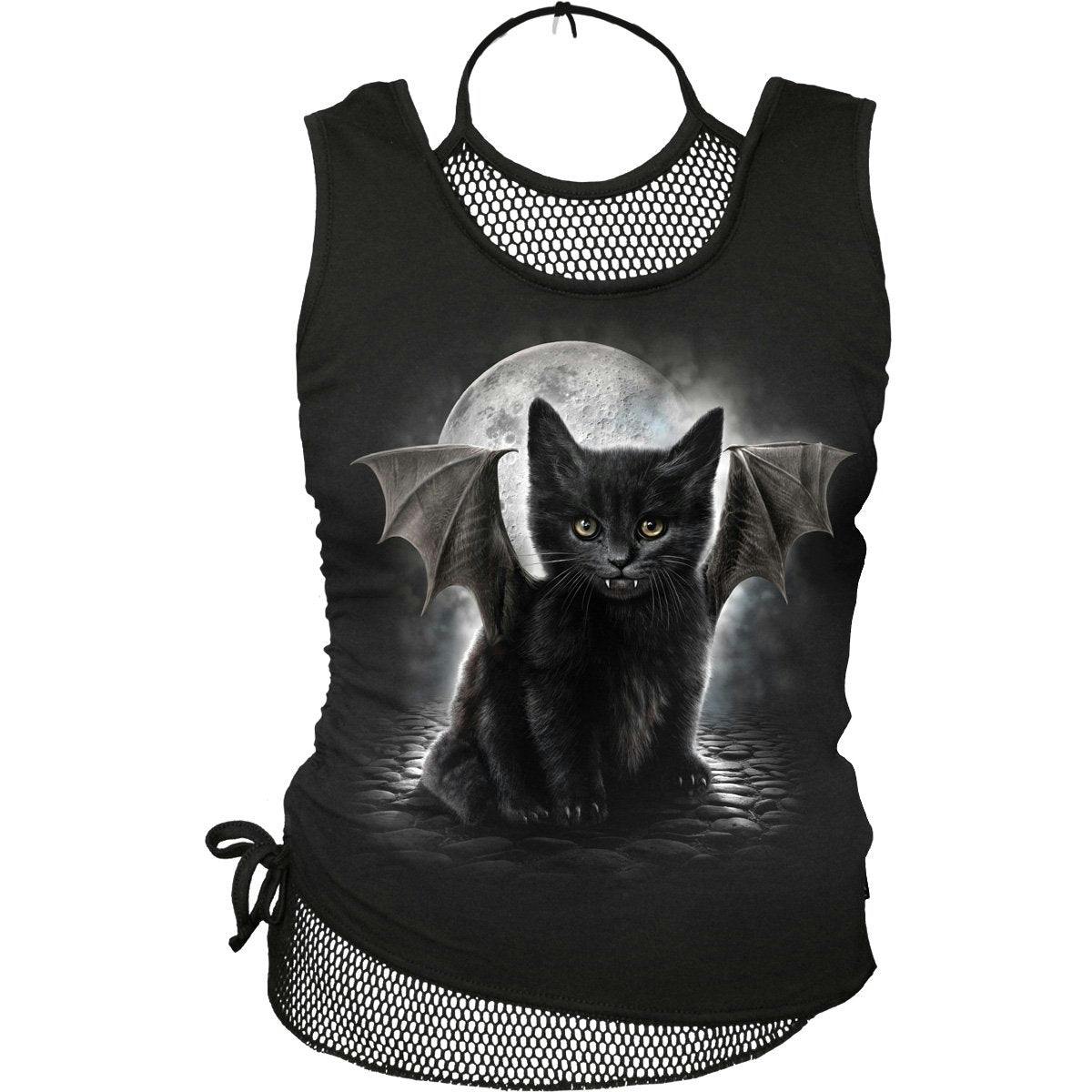 Spiral Direct Black Bat Cat - 2In1 Neck Tie Mesh Top - L - Digital - Digital