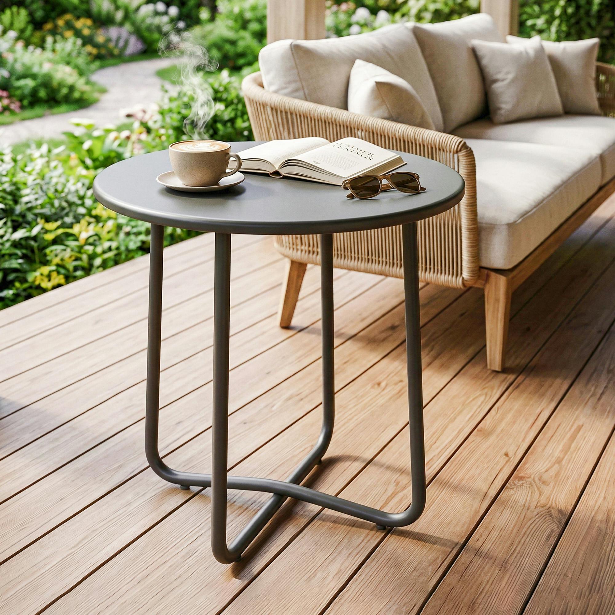 Rackhams Dark/Grey Metal Garden Side Table, 48 Cm Round Outdoor Table - Garden Side Table