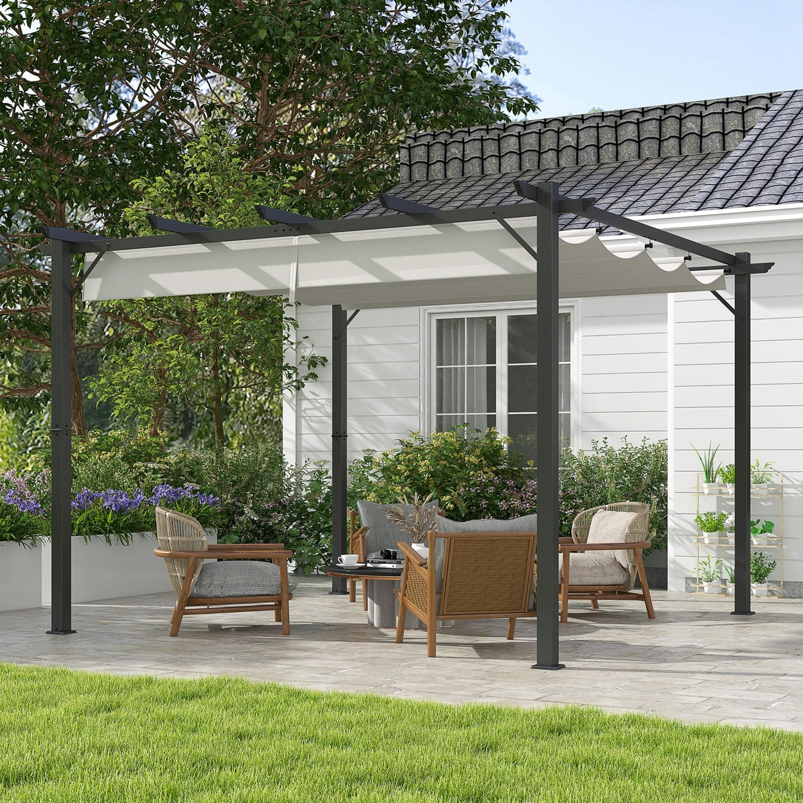 Outsunny Brown/Light/Grey 3X3(M) Pergola Gazebo Sun Shade Shelter Aluminium Garden Canopy, - Aluminium, Polyester - 300 X 300 X 223Cm
