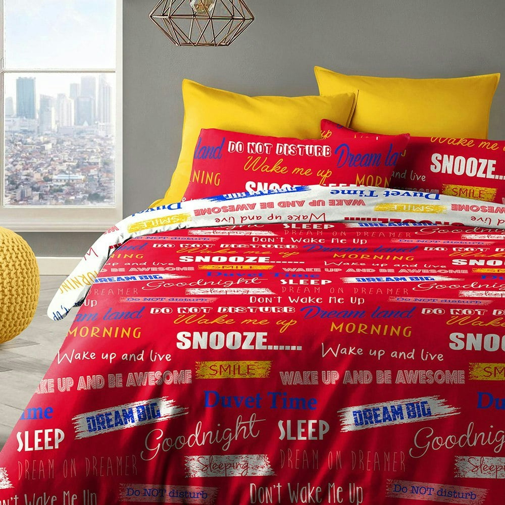 Velosso Red Wake Me Up Printed Cotton Blend Duvet Cover And Pillowcase Set - King