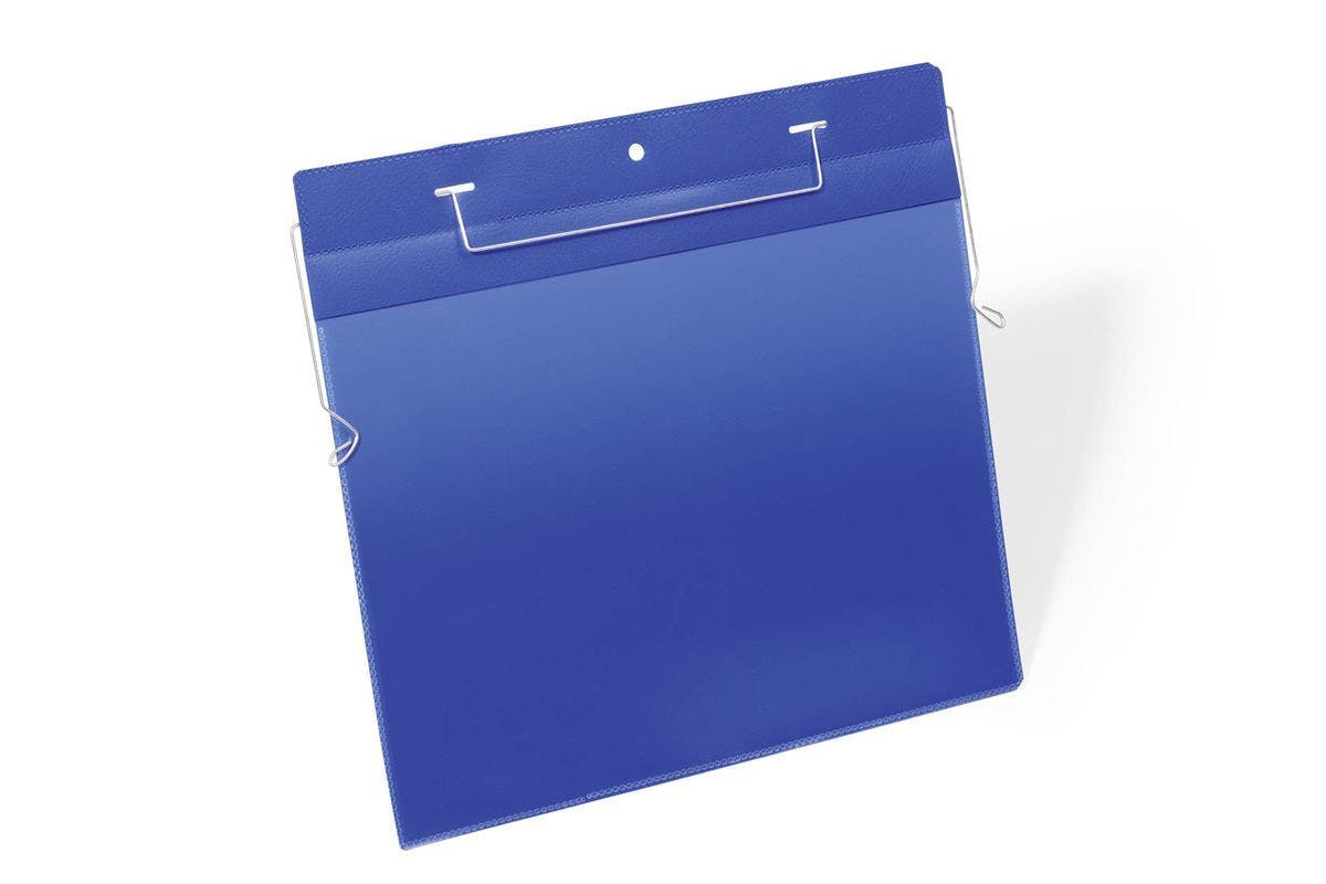 Durable Blue Wire Hanger Ticket Holder Document Pocket Landscape | 50 Pack | A4