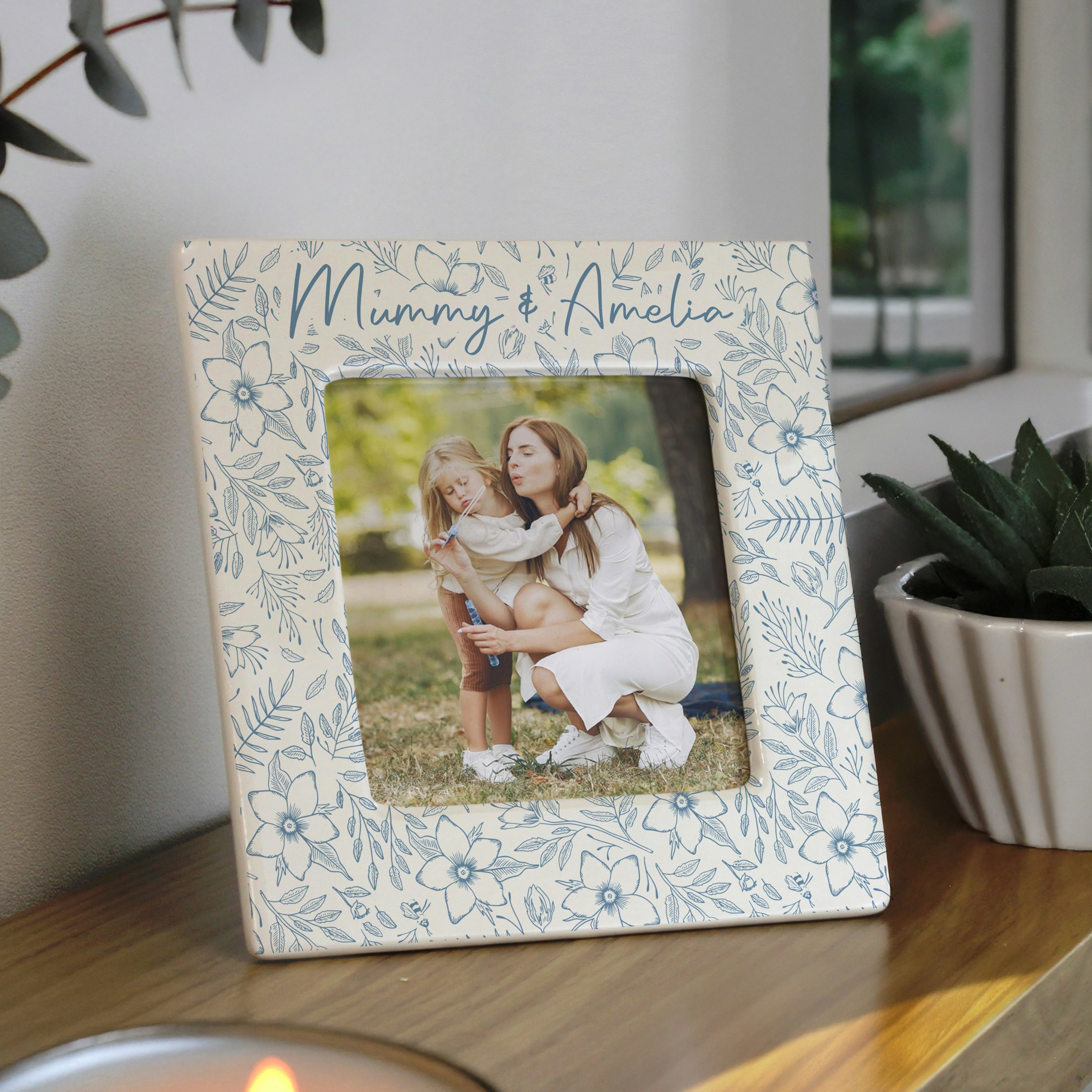 Rackhams Blue/Cream Personalised Floral Ceramic 4X4 Frame - Ceramic - 4X4