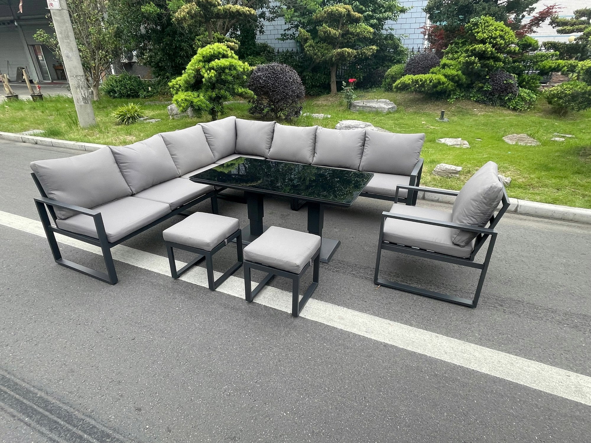 Fimous Black/Dark/Grey Aluminium Outdoor Garden Furniture Corner Sofa Chair 2 Stools Rising Dining Table Set Tempered Glass 10 Seater