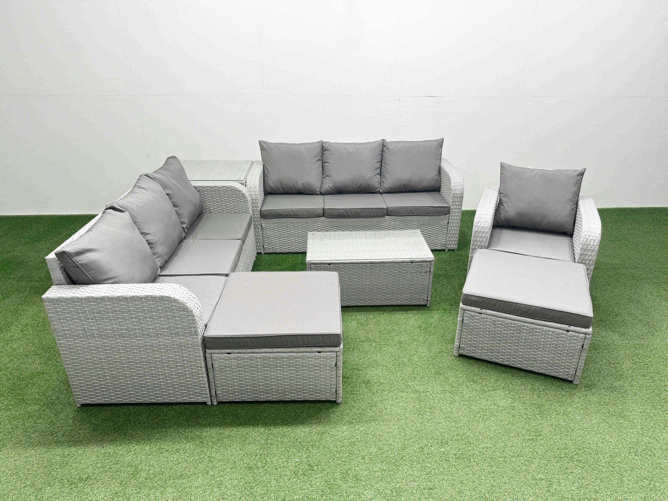 Fimous Light/Grey 9 Seater Poly Rattan Outdoor Garden Furniture Sofa Set Patio 3 Seater Sofa Reclining Chair 3 Seater Sofa 2 Big Footstools Side Table