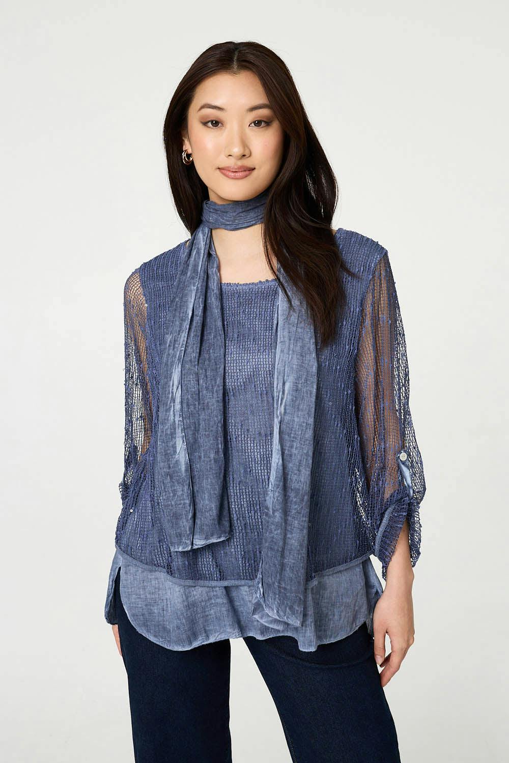 Izabel London Light Sparkly Mesh Scarf Detail Layered Top - 12 - Navy