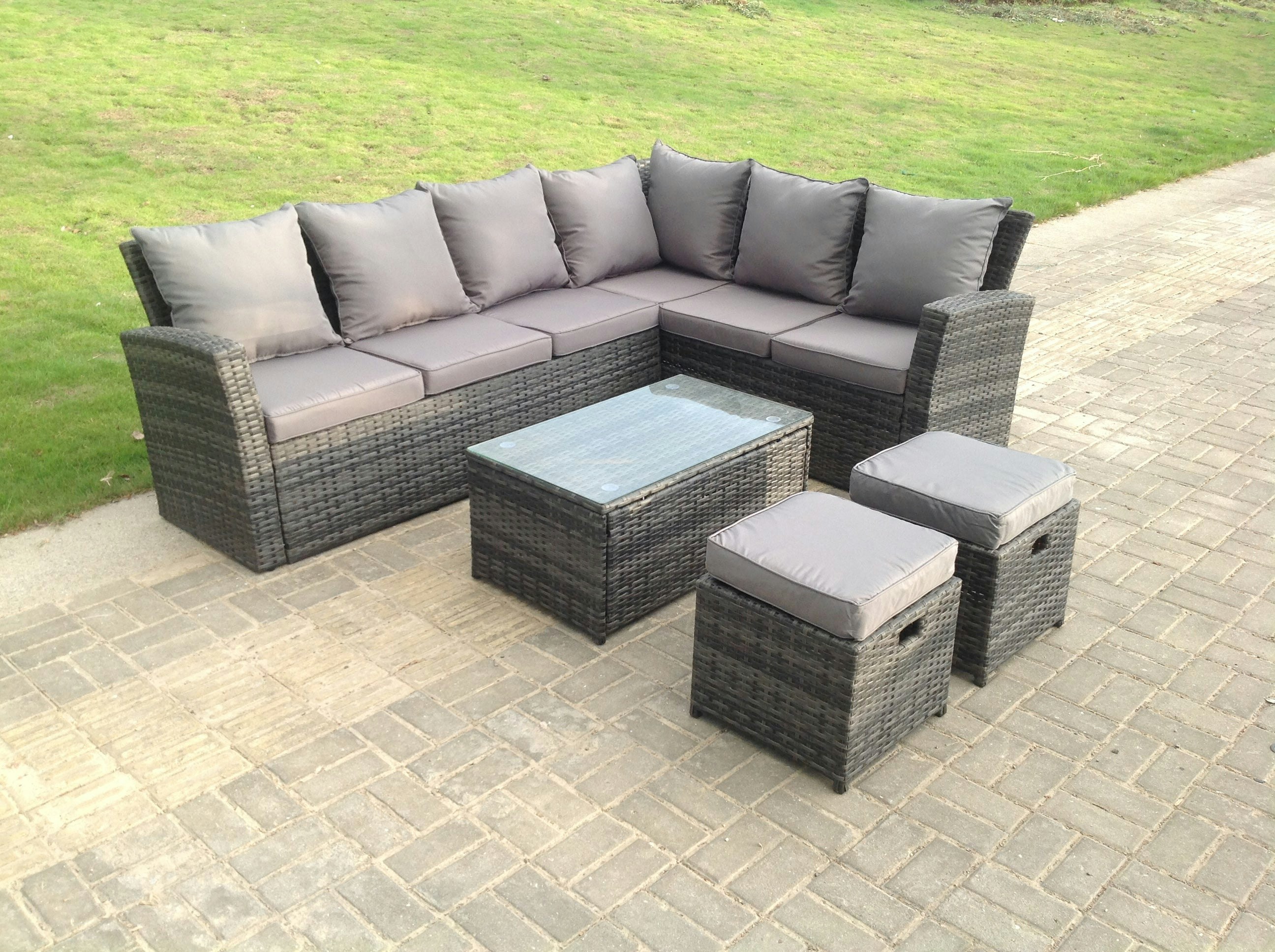 Fimous Dark/Grey 8 Seater High Back Rattan Garden Furniture Set Corner Sofa With Oblong Coffee Table Stools
