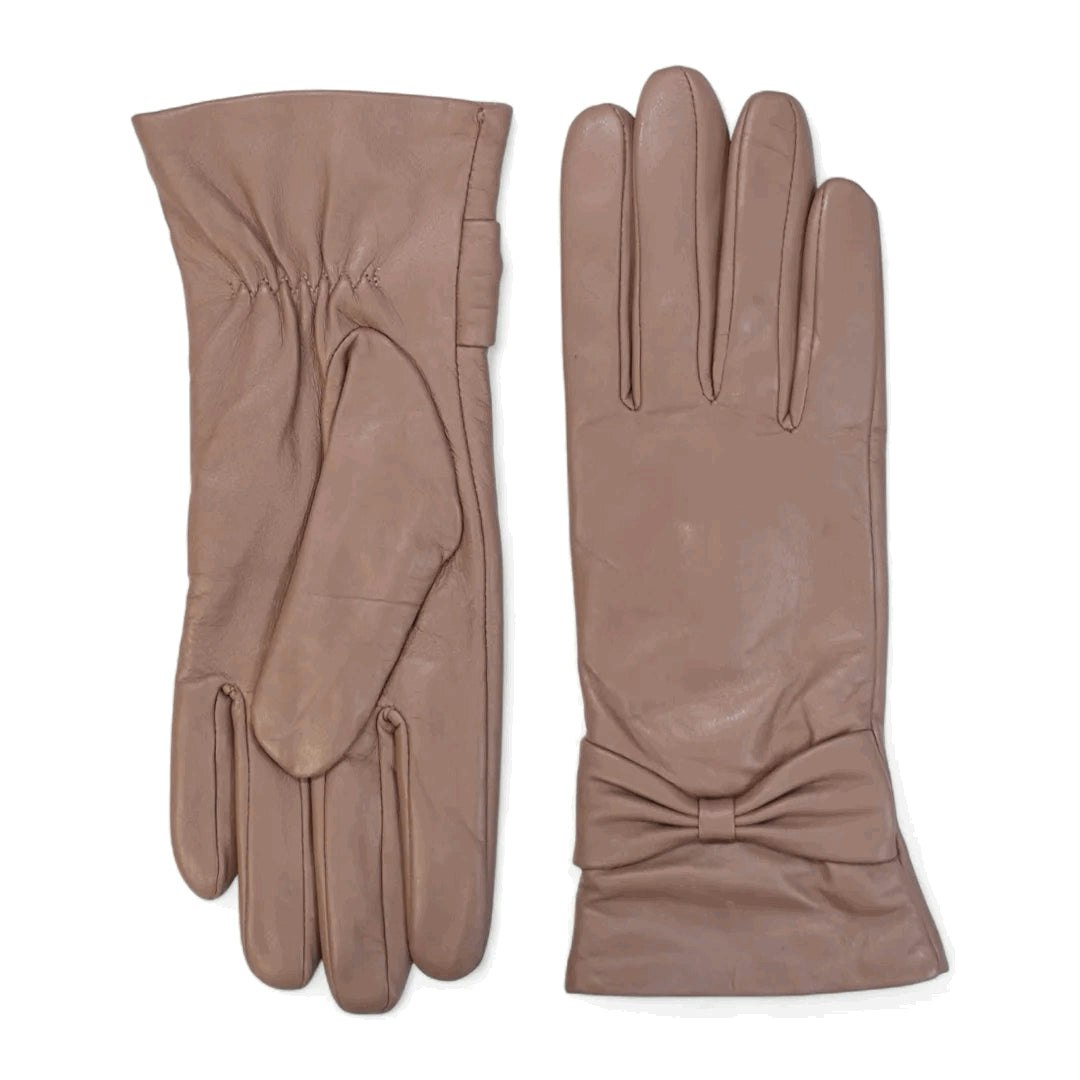 Infinity Leather Women's Beige Leather Wool Lined Bow Knot Accent Gloves - 2XL