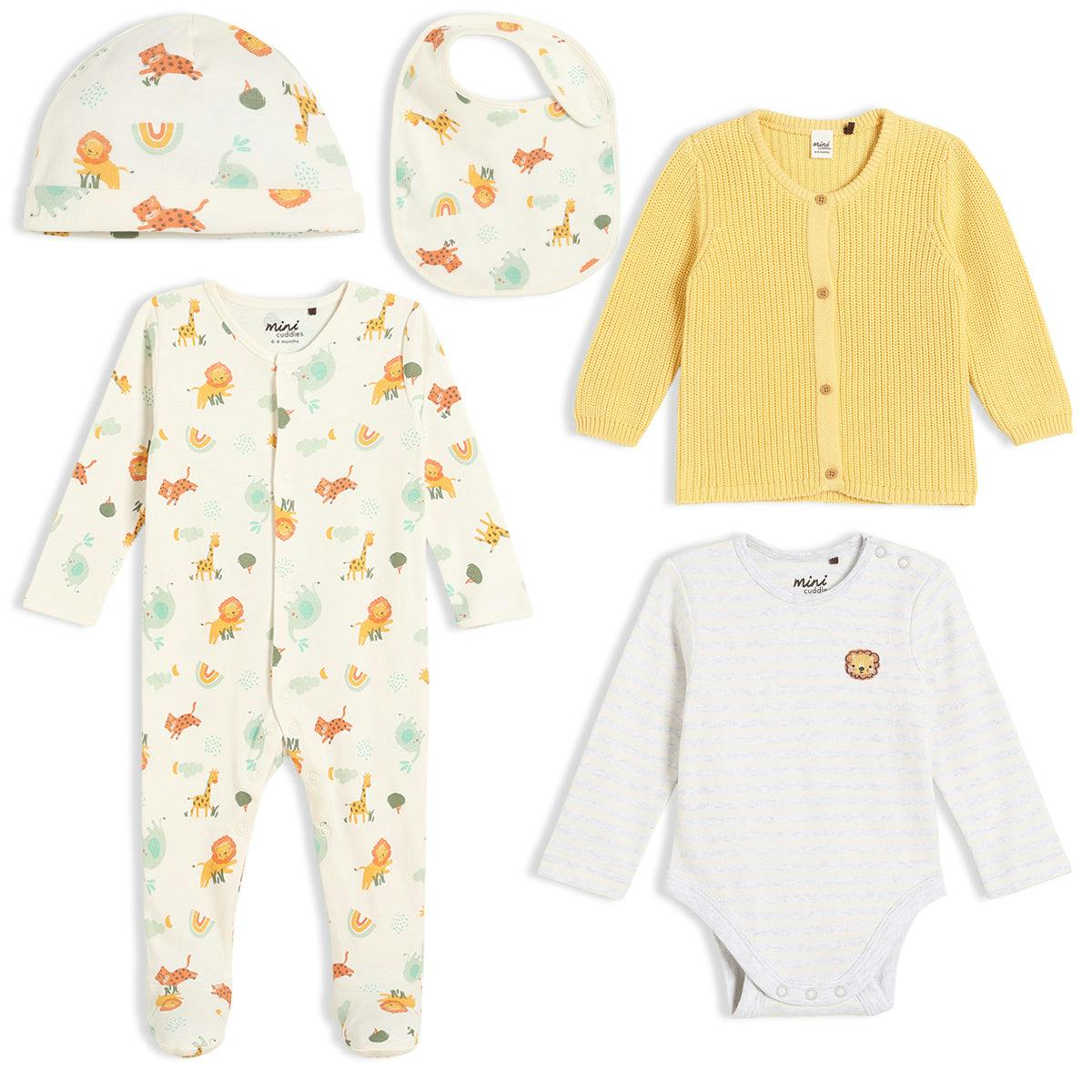 Mini Cuddles Unisex Infant Cream/Yellow/Orange Baby 5Pc Gift Set With Cardigan, Multicolour - Nb