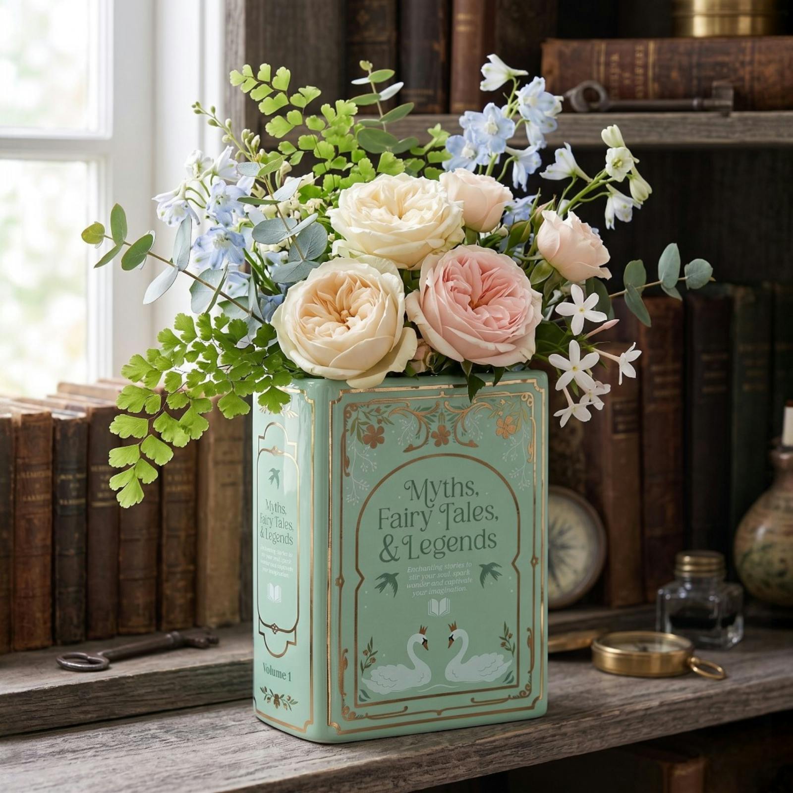 Kingsbury Gifts Green/Gold Myths & Fairy Tales Ceramic Book Flower Vase
