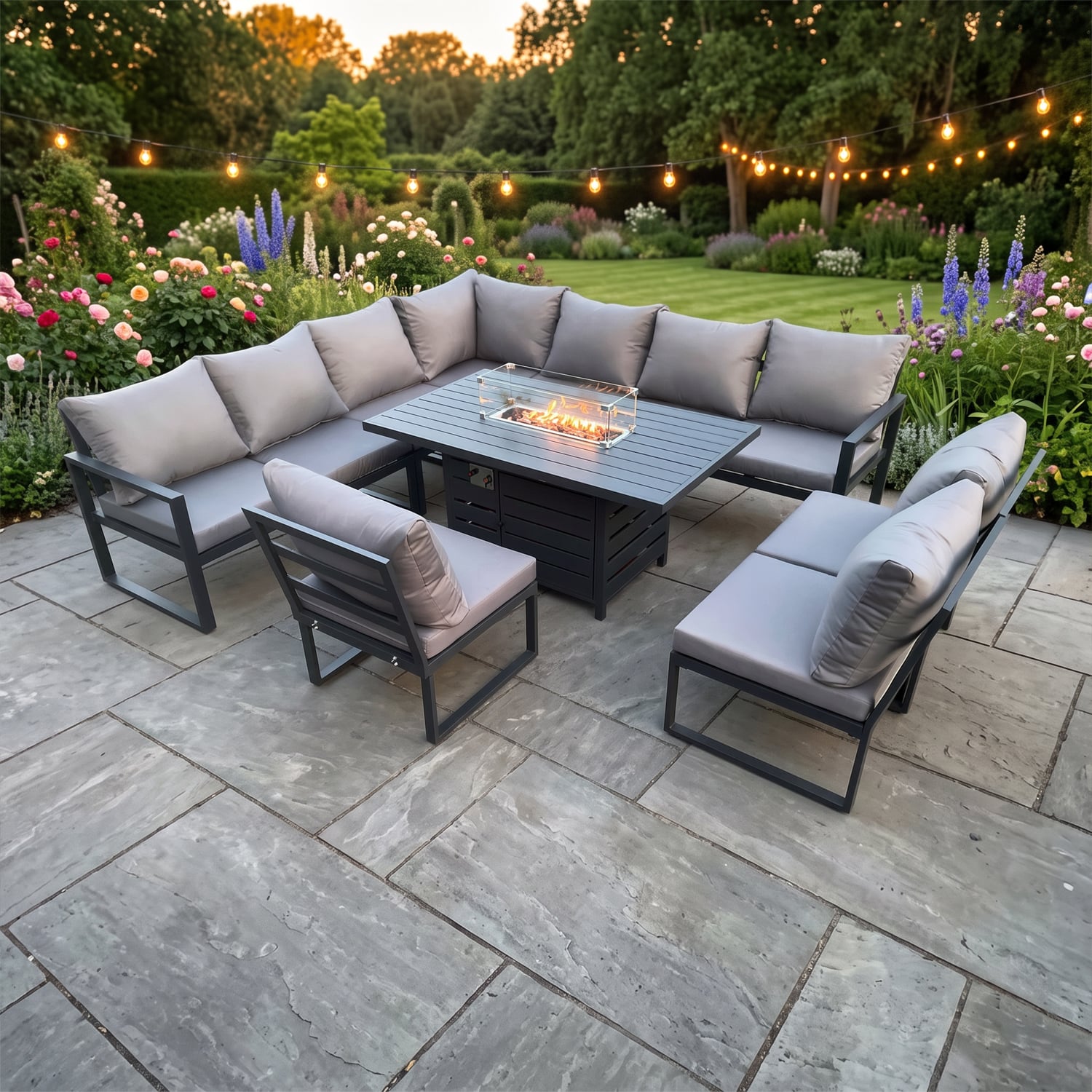 Fimous Dark/Grey Aluminium 10 Seater Lounge Corner Sofa Outdoor Garden Furniture Sets Gas Fire Pit Dining Table Set