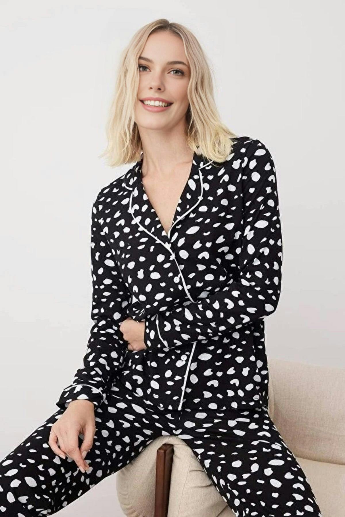 Wovcor Black 2-Piece 100% Cotton Leopard Print Shirt-Pants Knit Pajama Set - Xl