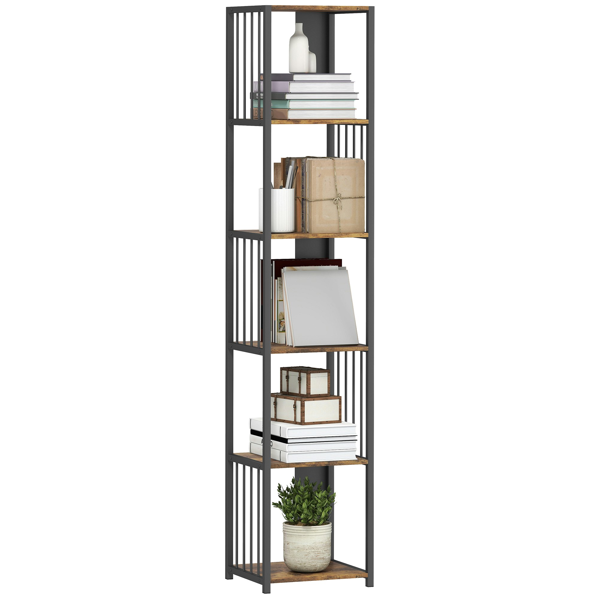 Homcom Brown/Black 5-Tier Bookshelf, Freestanding Display Storage Unit, Rustic - 33.5W X 30D X 165H Cm - Rustic - 1