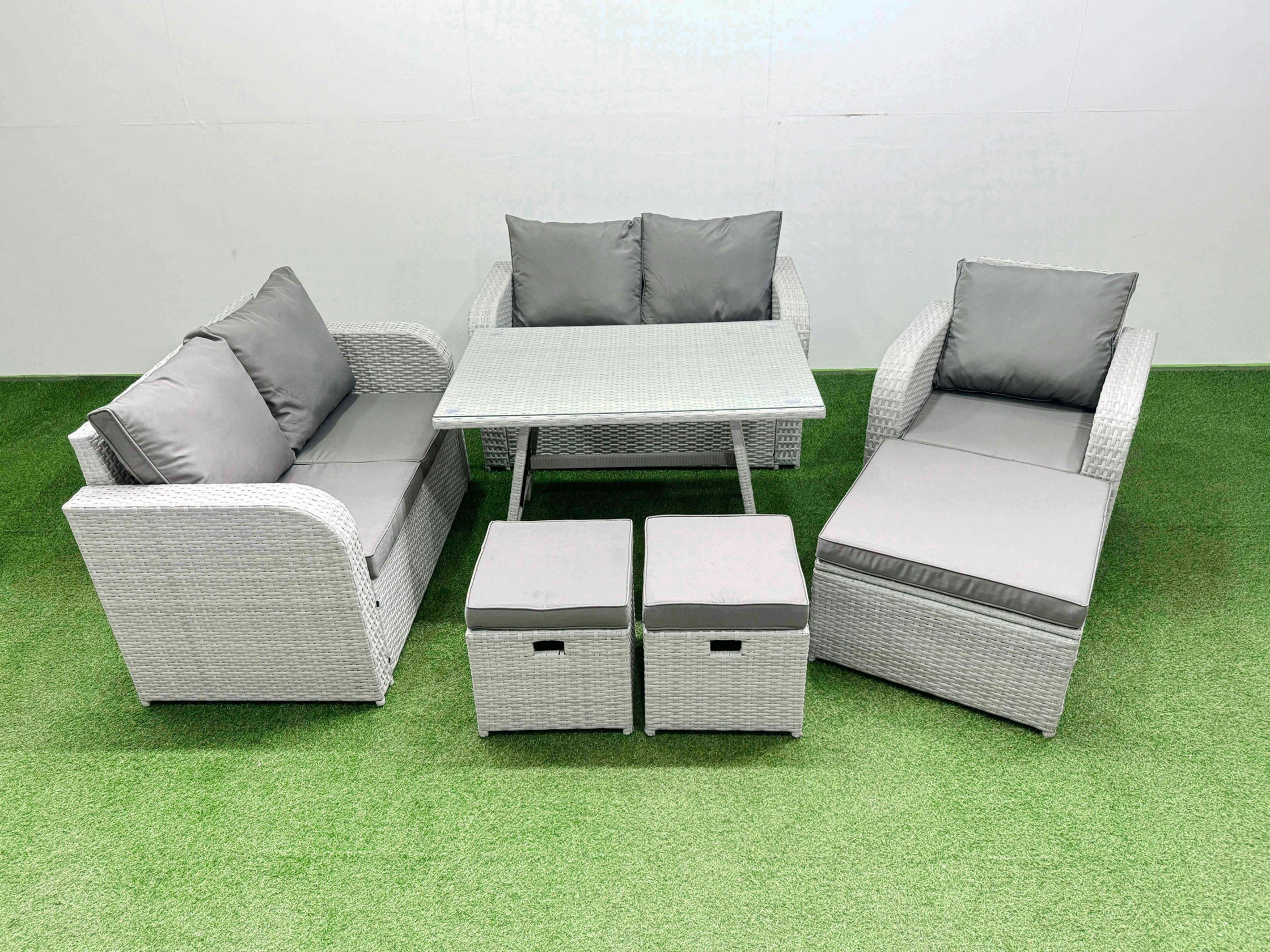 Fimous Light/Grey 8 Seater Outdoor Rattan Garden Furniture Set Love Sofa Reclining Chair Set With Rectangular Dining Table 3 Footstools