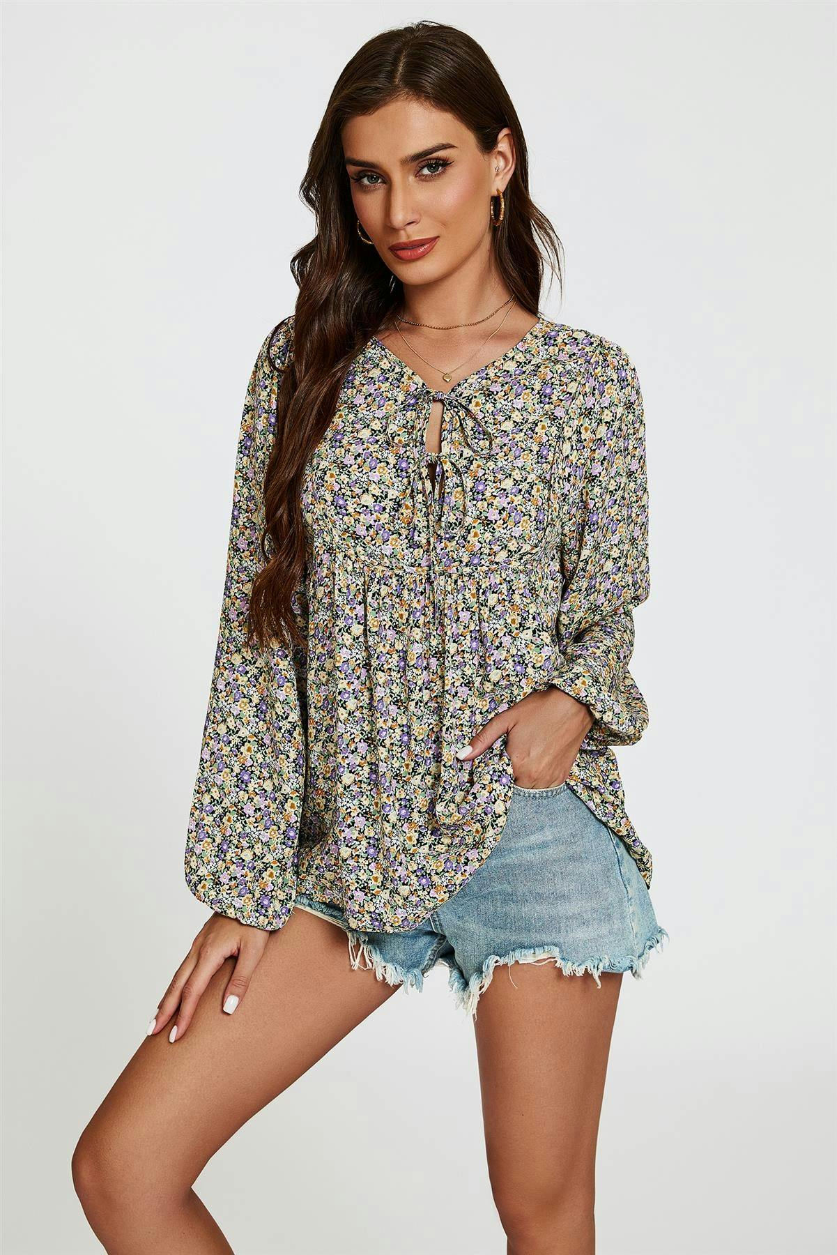 Fs Collection Purple Floral Print Long Sleeve Blouse Top In - Xs