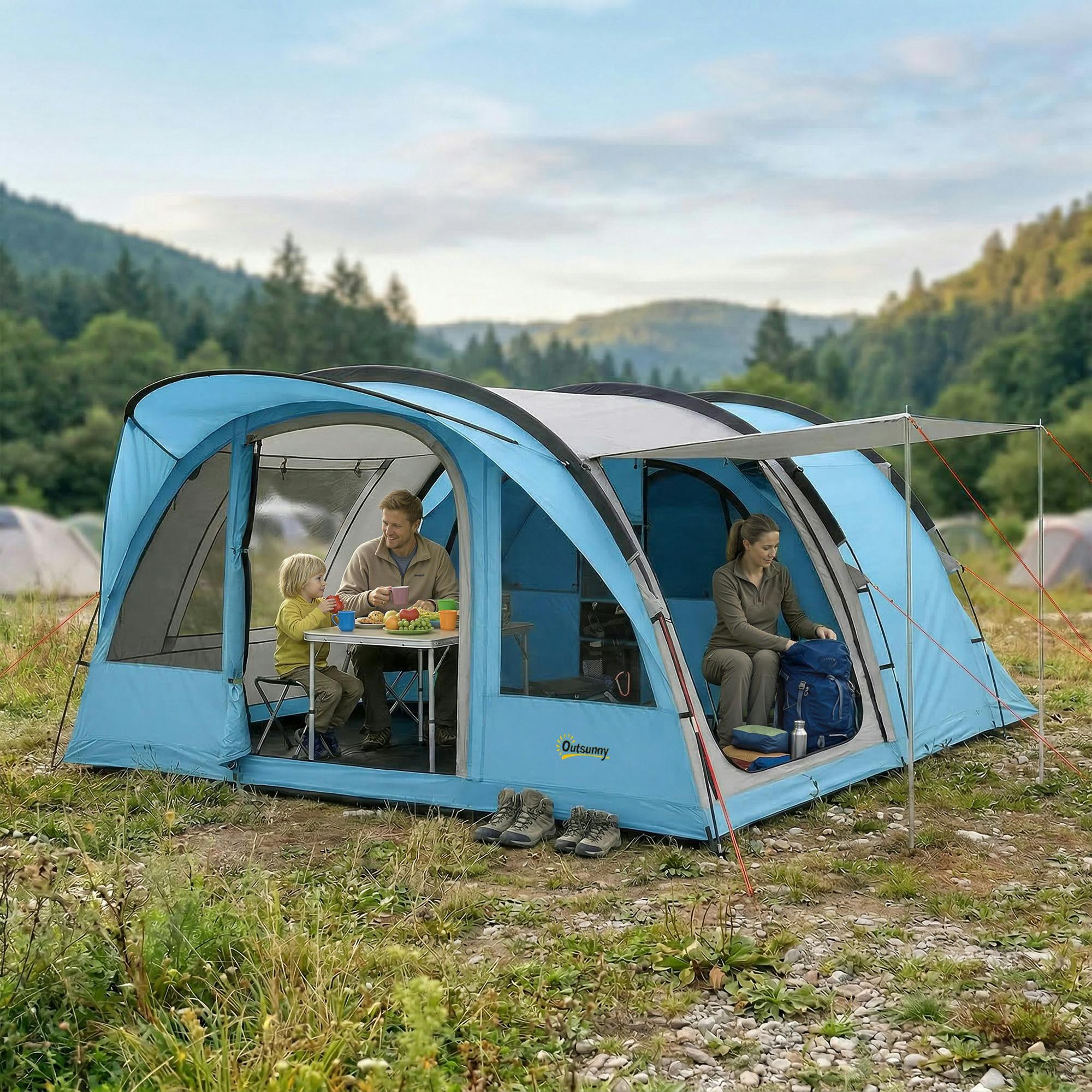 Outsunny Blue Family Camping Tent Waterproof Tunnel Tent 4 Person
