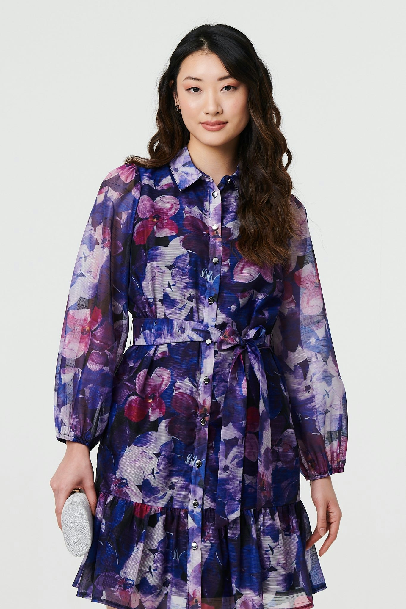Izabel London Blue Floral Tie Waist Mini Shirt Dress - 8